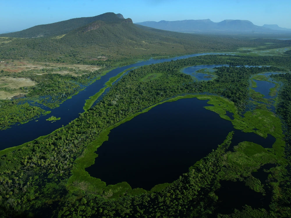 Aerial view of a deep blue river winding through the vast green plains of the region where is the Pantanal located. Aerial view of a deep blue river winding through the vast green plains of the region where is the Pantanal located.