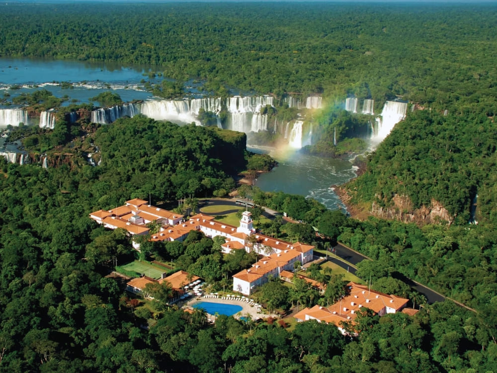 Aerial view of Belmond Hotel das Cataratas nestled in the forest near the Iguacu Falls.