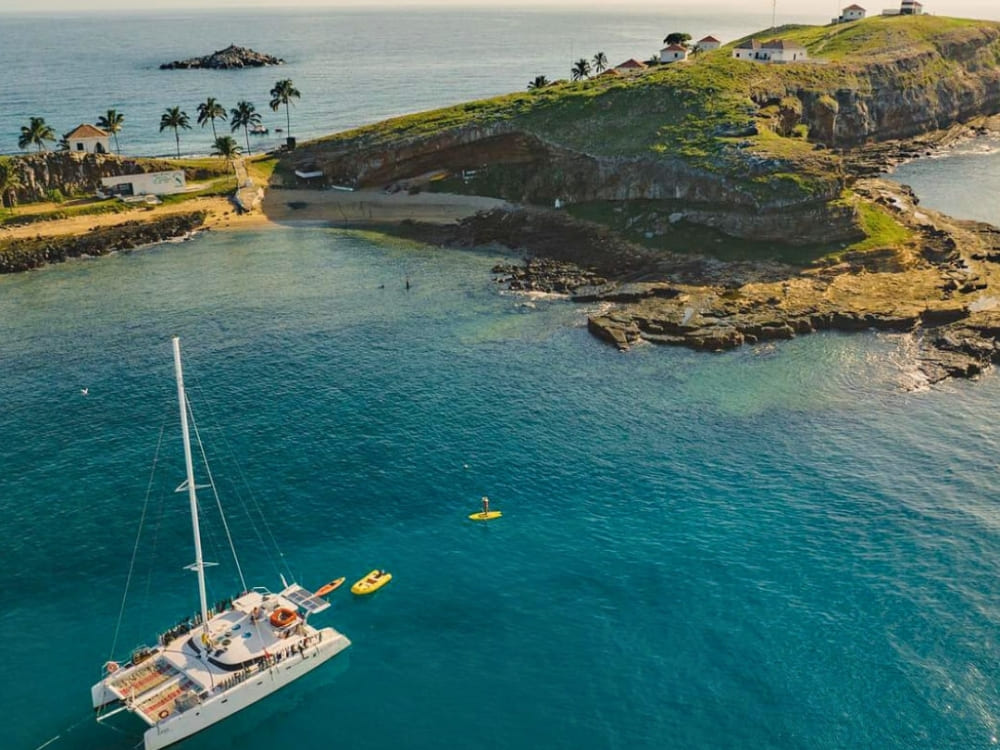 Aerial view of a white catamaran anchored in crystal clear waters next to a green island in the Abrolhos archipelago.