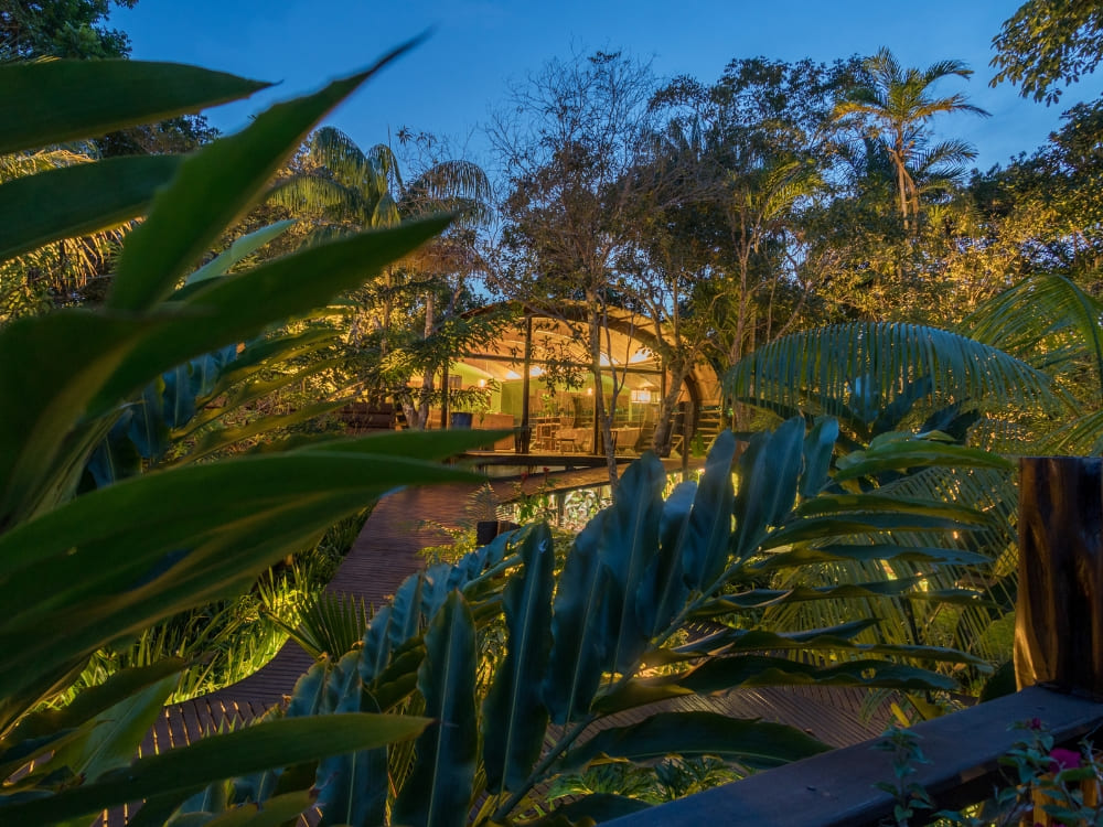 Modern wood and glass architecture of the Mirante do Gaviao hotel illuminated at night in the jungle. 