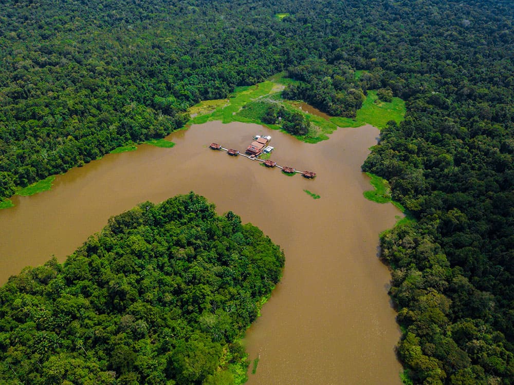  Aerial view of an eco-lodge with floating structures on a winding river completely surrounded by dense forest.