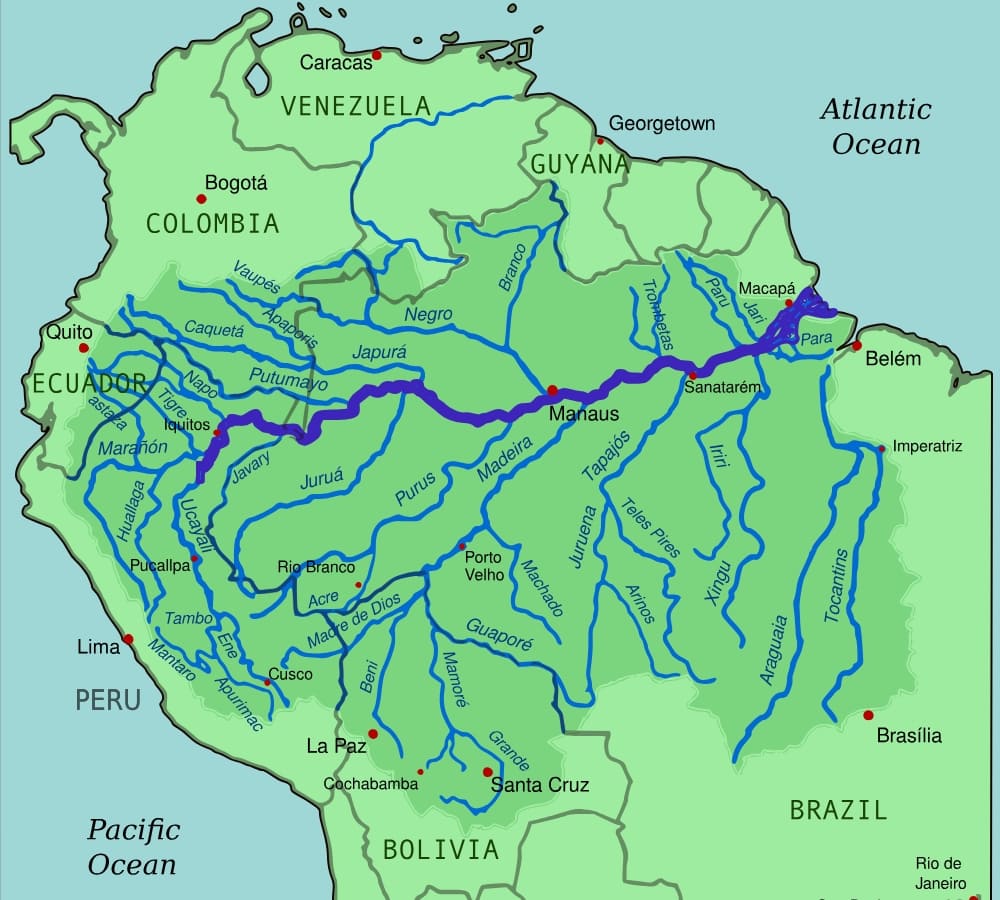 Map of South America highlighting the Amazon River Basin and its main tributaries across the continent. Map of South America highlighting the Amazon River Basin and its main tributaries across the continent.