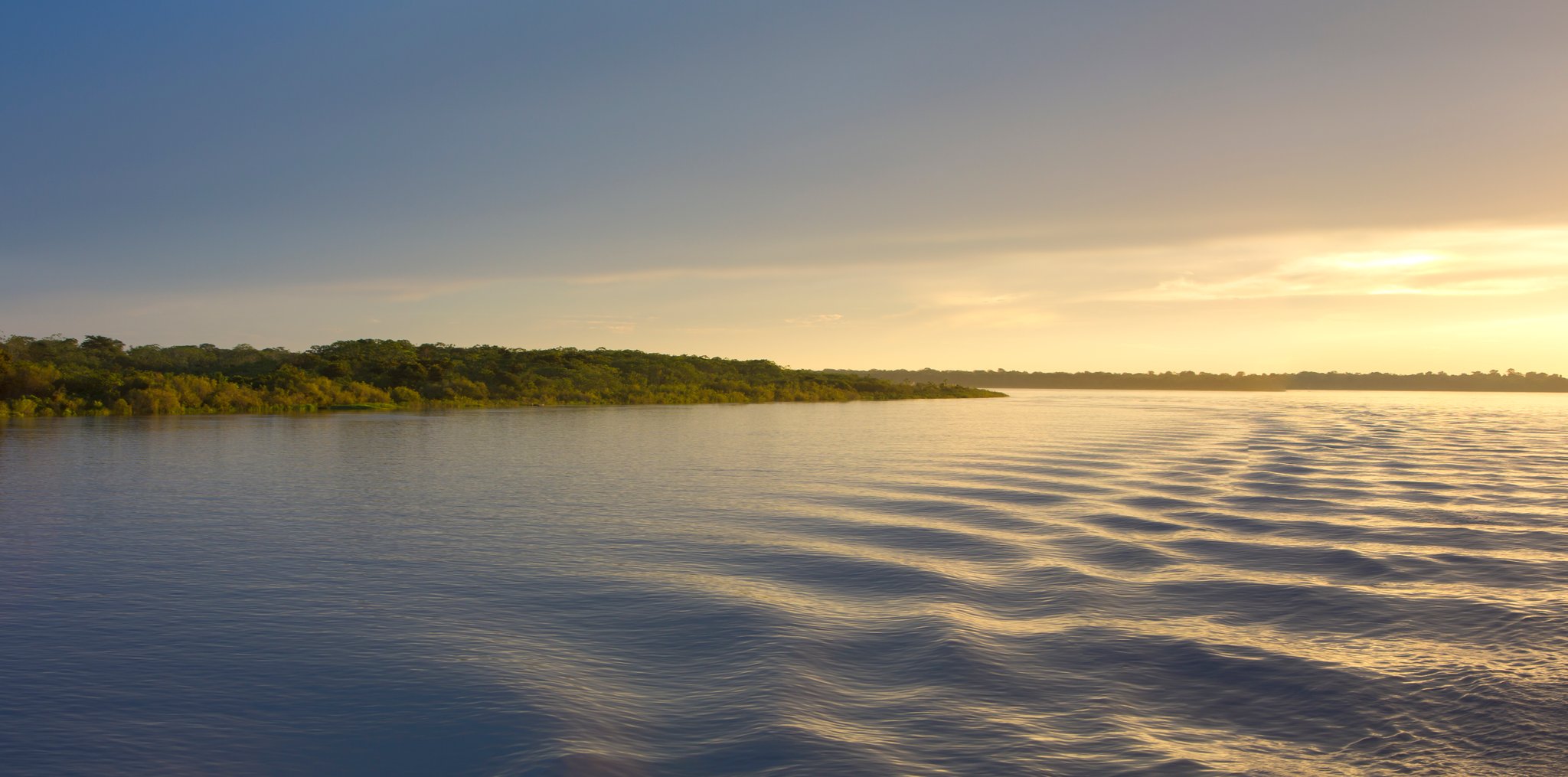 The river keeps its own clock, and golden hour here runs long. Wide view of a broad dark-water river at golden hour on an Amazon cruise trip in Brazil, with a dense green forest canopy stretching along the far bank and warm light reflecting off gentle ripples