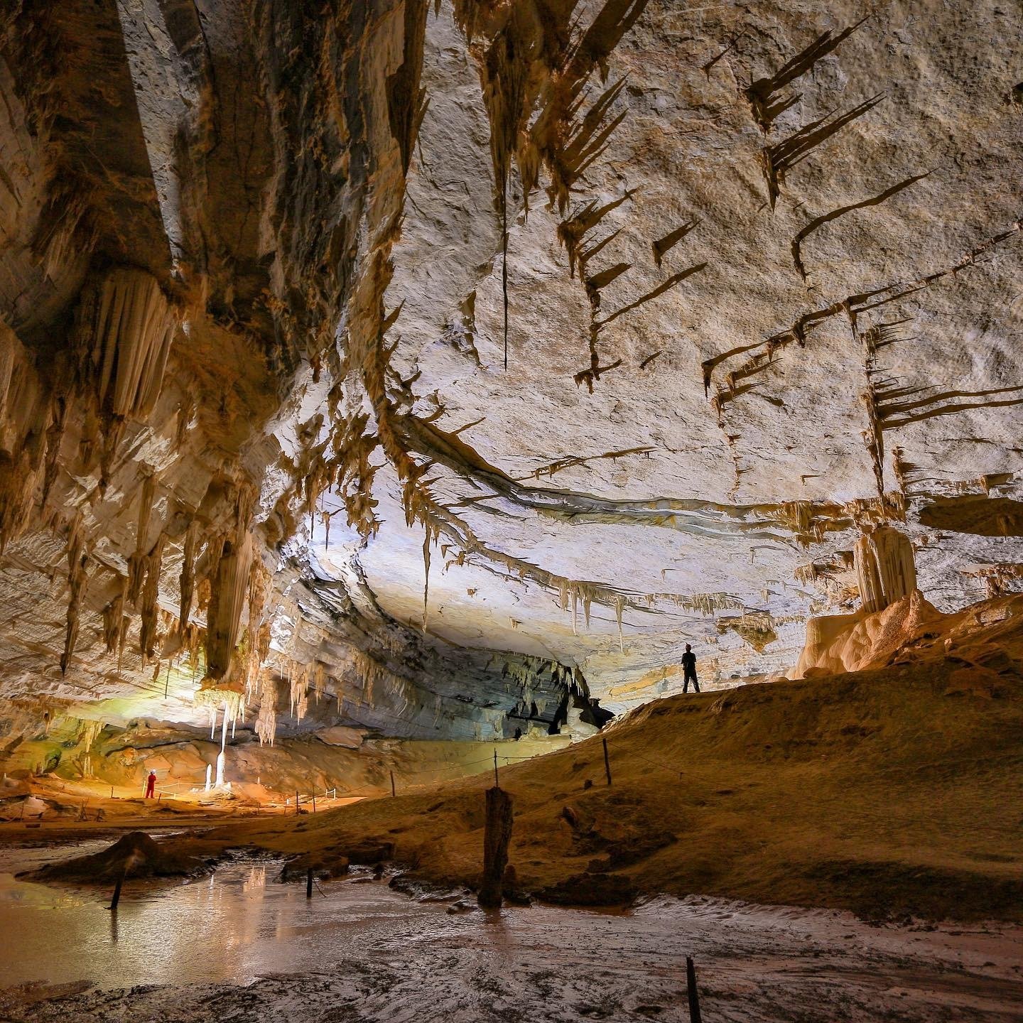 Twee piepkleine menselijke silhouetten staan in de enorme kathedraalachtige zaal van een kalksteengrot tijdens een Chapada Diamantina trip, torenhoog overschaduwd door stalactieten aan het gewelfde plafond en een ondiepe spiegelende plas op de grond
