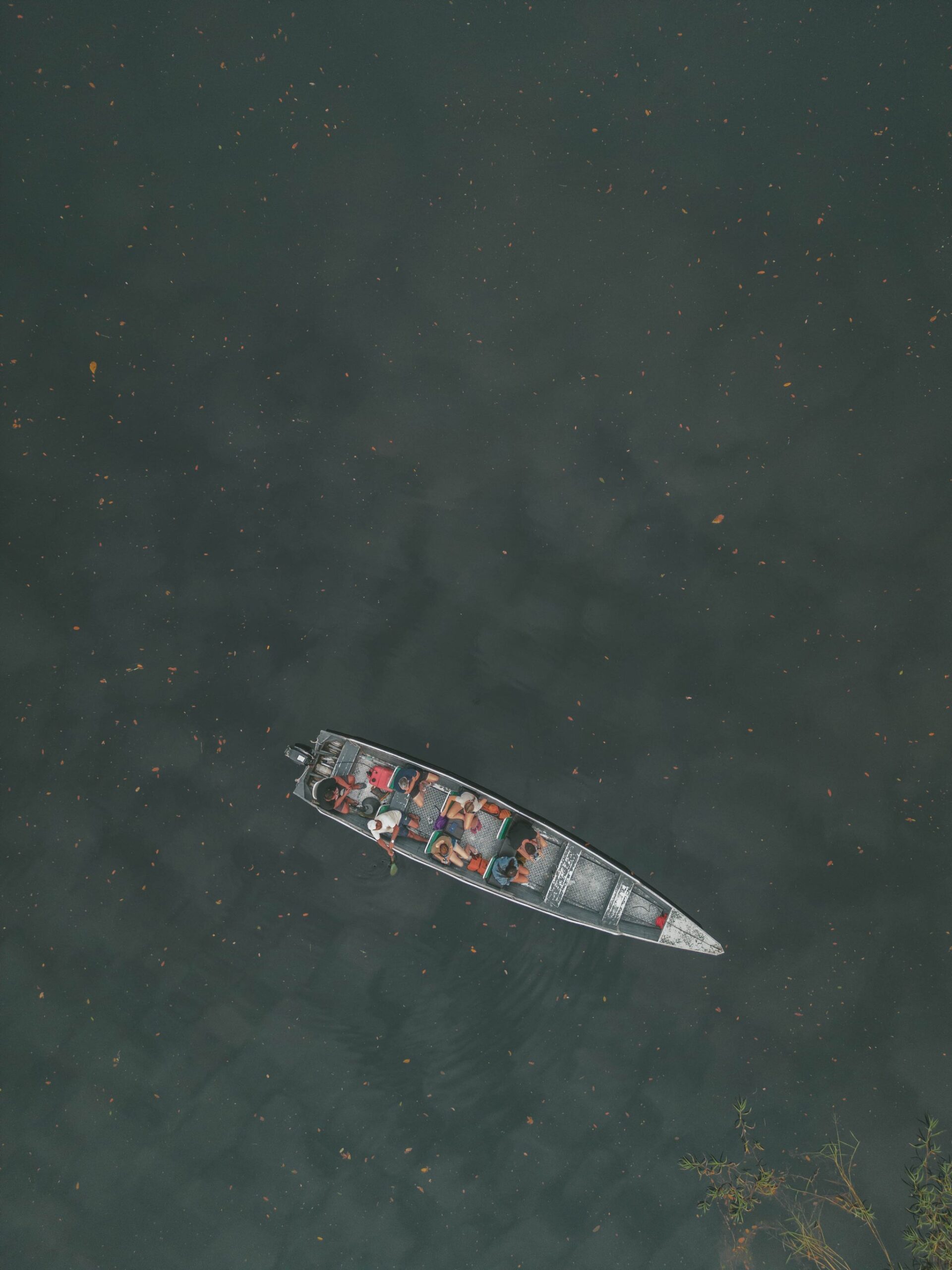 Luchtfoto vanuit een drone van een smalle gemotoriseerde kano met een reisgroep op een donkere, bladdrijvende rivier tijdens een Amazon Turtle Lodge excursie