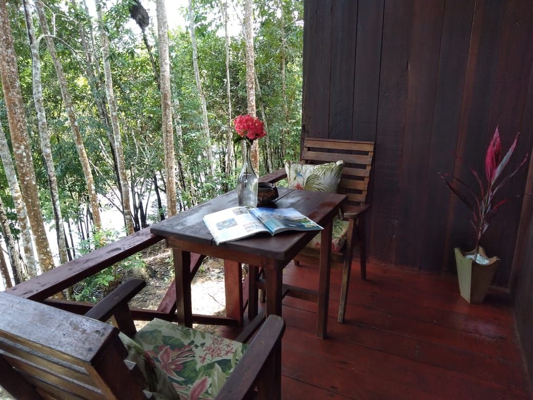 Hier lees je het boek uit dat je al maanden uitstelt. Een beschaduwde houten veranda van Amazon Turtle Lodge met een rustieke tafel, opengeslagen natuurboek, rode bloemenschikking en uitzicht op het regenwoudkronendak