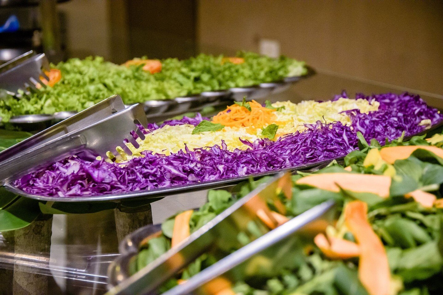 Een saladebuffet op een budgetreis door de Pantanal met geraspte rode en witte kool, wortel, verse spinazie en meloenplakken uitgestald in grote roestvrijstalen schalen