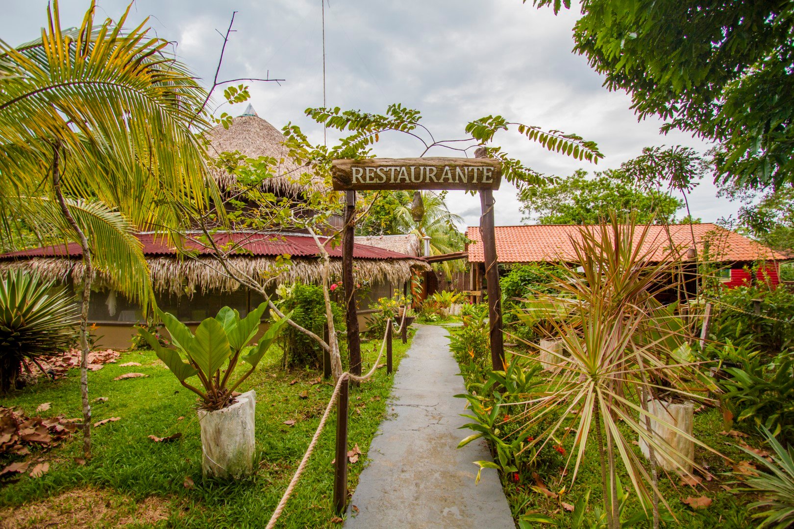 Het restaurant ligt om de hoek, het oerwoud staat al voor de deur. Een houten bord met 'Restaurante' overspant een tuinpad dat leidt naar rieten en tegeldaken van het Amazon Turtle Lodge, omringd door palmbomen en weelderig tropisch groen