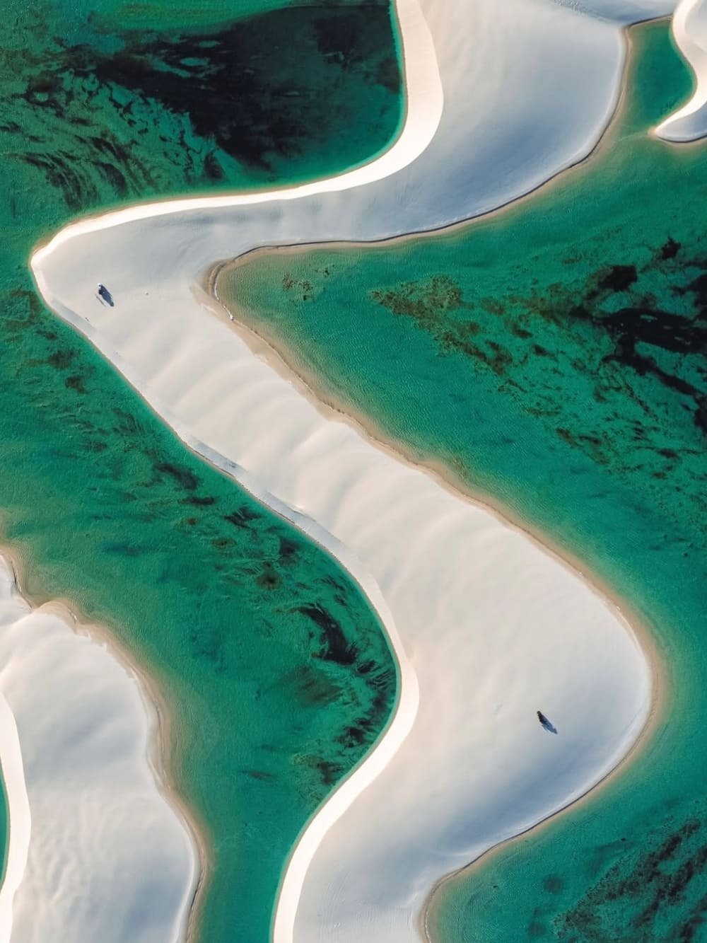 Aerial view of sinuous white sand banks weaving between vivid turquoise lagoon channels in Lençóis Maranhenses Full Itinerary landscapes, with two tiny human figures visible on the dunes below