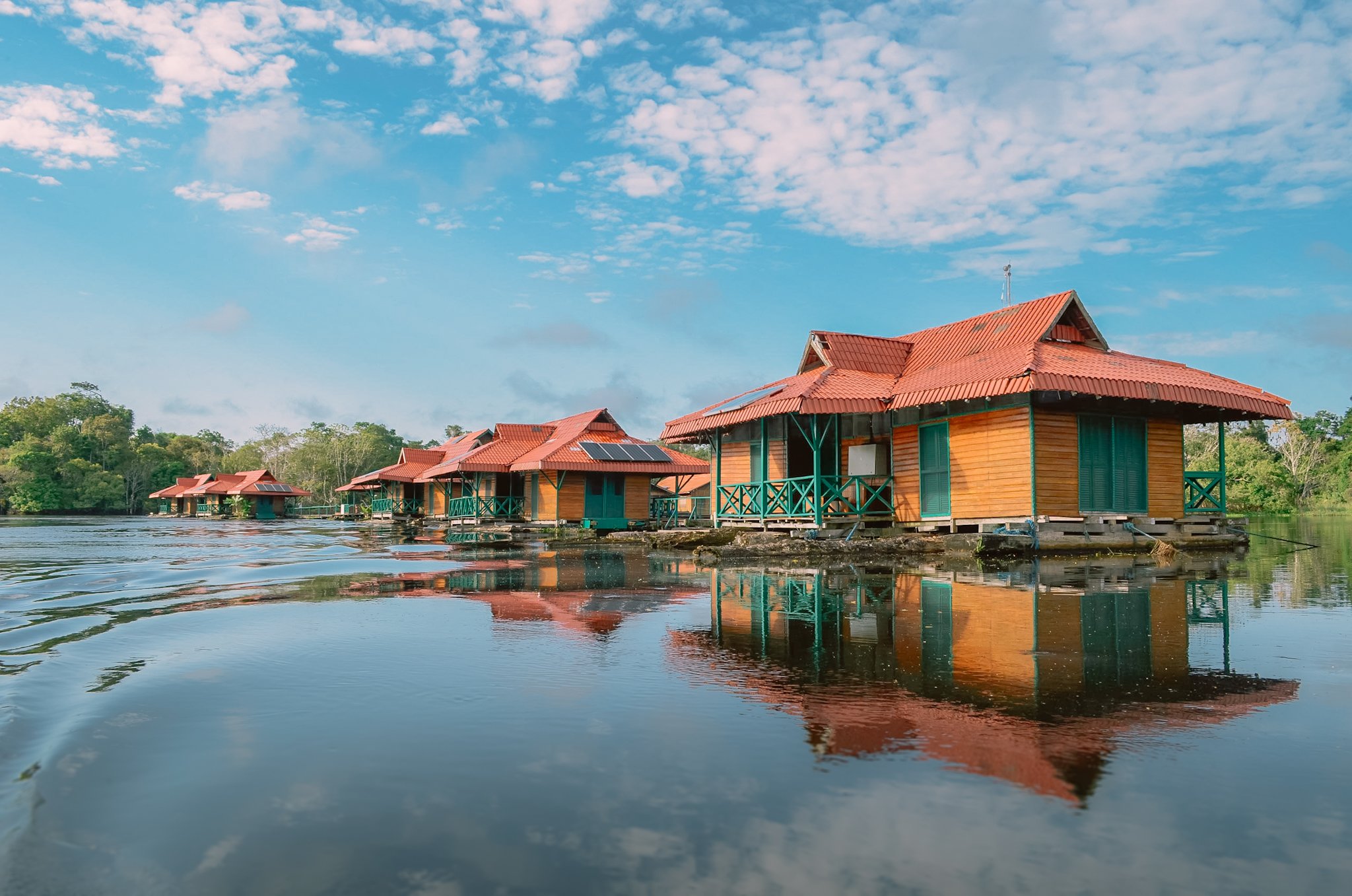 A row of solar-powered wooden floating cabins with red roofs and teal railings reflected in still dark water on an amazon rainforest ecolodge trip in brazil, surrounded by dense riverside vegetation under a blue sky