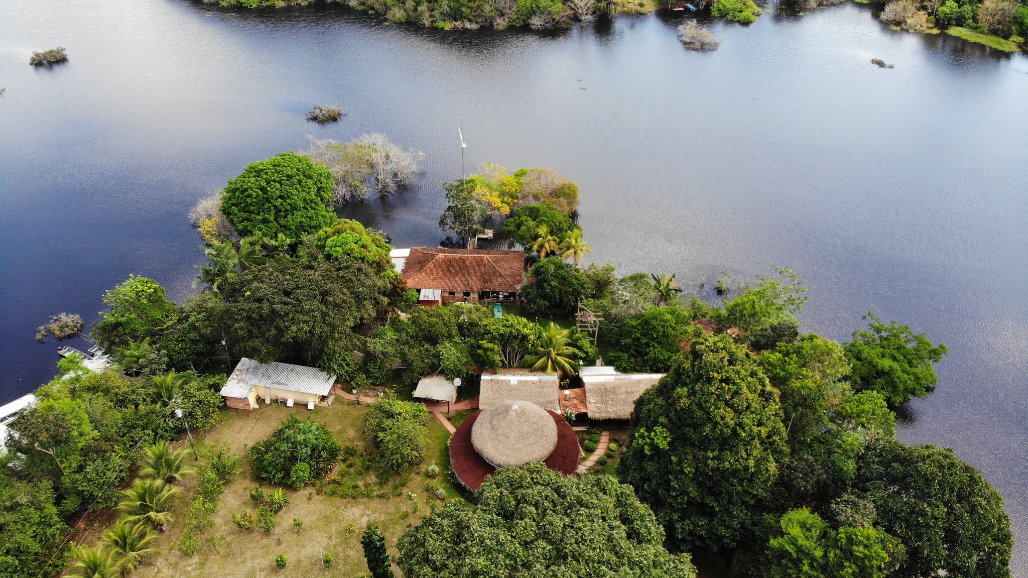 Thatched roundhouses of the Amazon Turtle Lodge surrounded by river and rainforest from the air