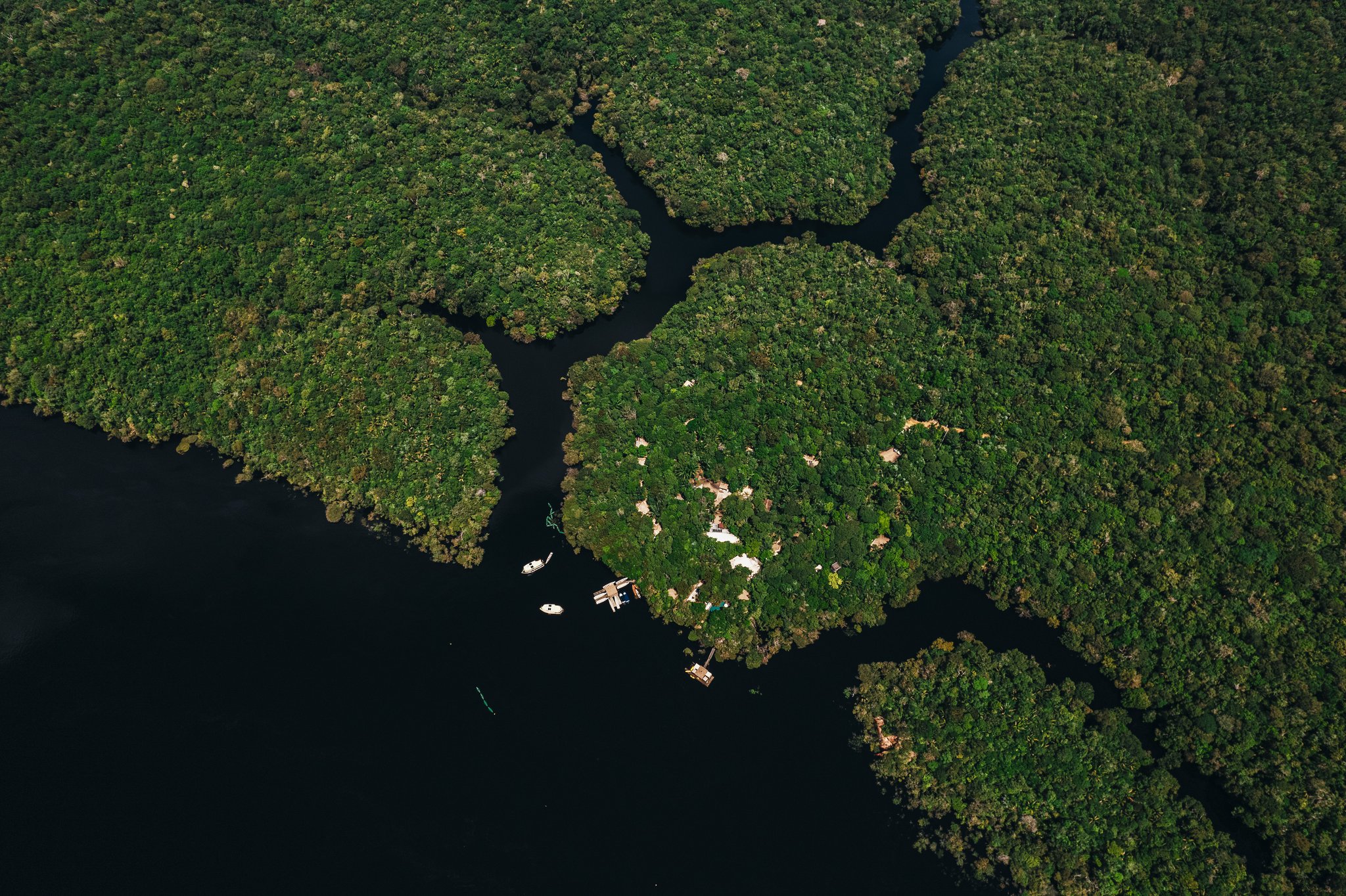 Tiny dock, infinite canopy — the lodge swallowed whole by the Amazon. Aerial view of Anavilhanas Jungle Lodge Brazil, with small boats and a floating dock nestled at the edge of a dense rainforest island amid dark Rio Negro waterways