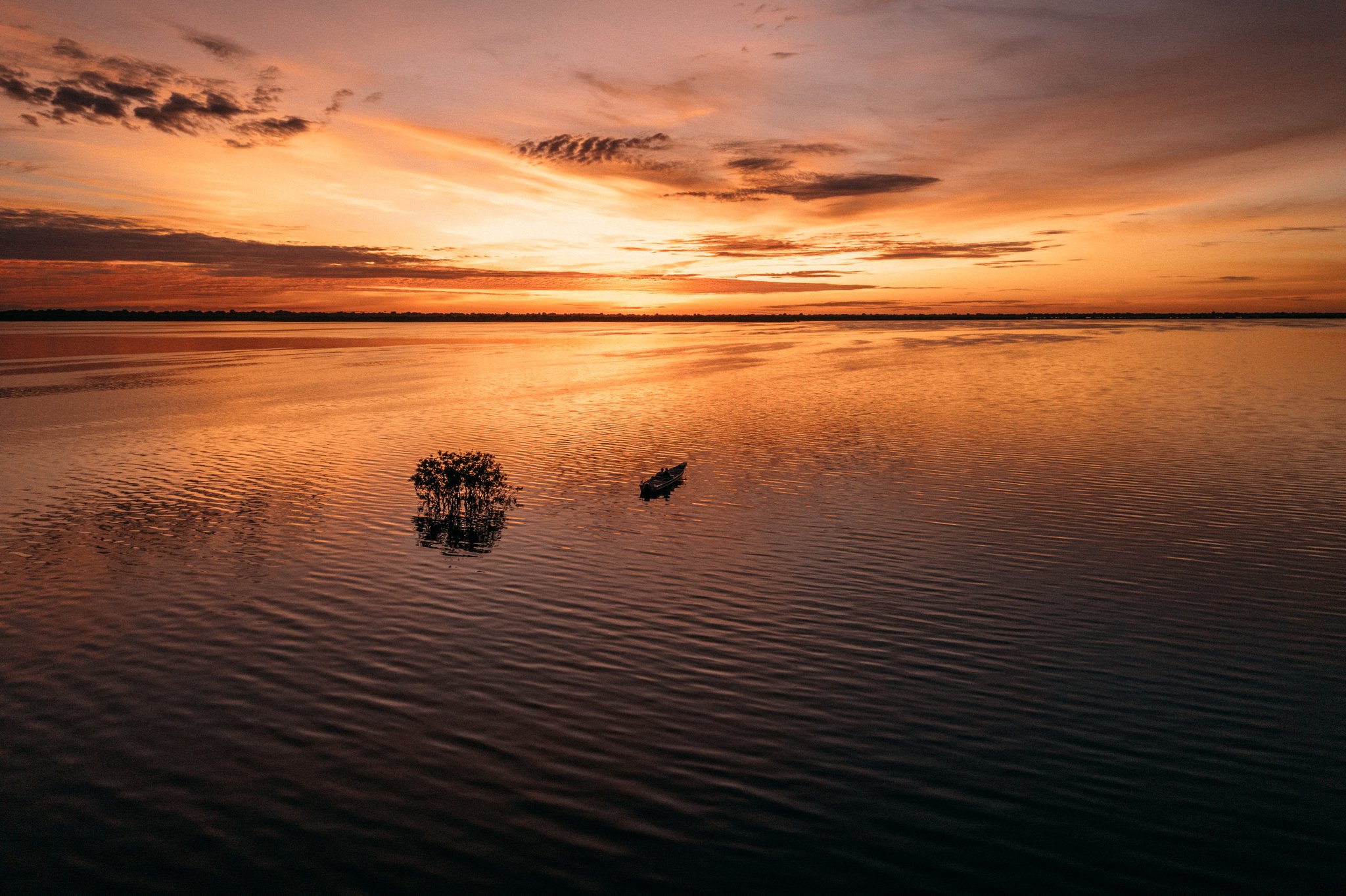 Molten gold on the water — just you, a small boat, and the Amazon waking up. A small motorboat glides across the mirror-still Rio Negro at dawn during a sunrise tour at Anavilhanas Jungle Lodge Brazil, with a lone submerged shrub silhouetted against a vast orange and crimson sky
