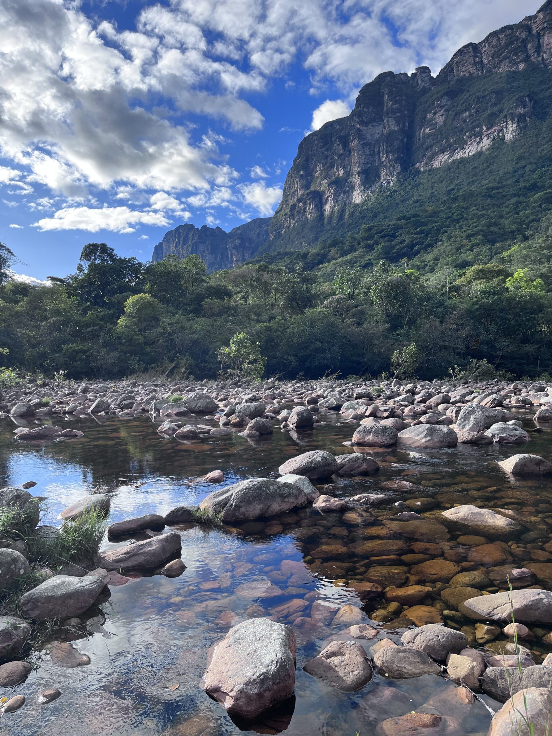 Boulder-hopping along the Pati River, cliffs enormous overhead. Clear shallow river strewn with rounded boulders on a Chapada Diamantina trek, with dense green forest and towering sandstone cliffs rising under a blue sky