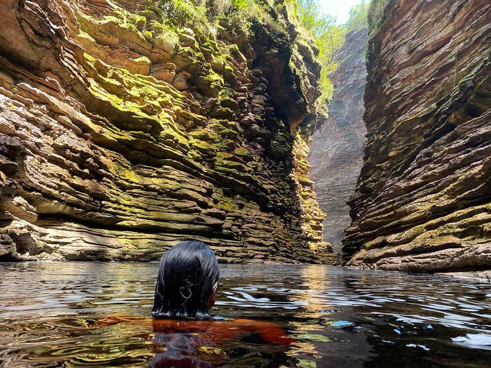 A swimmer floats chest-deep in dark tannin-stained water inside a narrow sandstone canyon on a Chapada Diamantina trip, with towering moss-covered layered rock walls converging toward a sliver of blue sky above