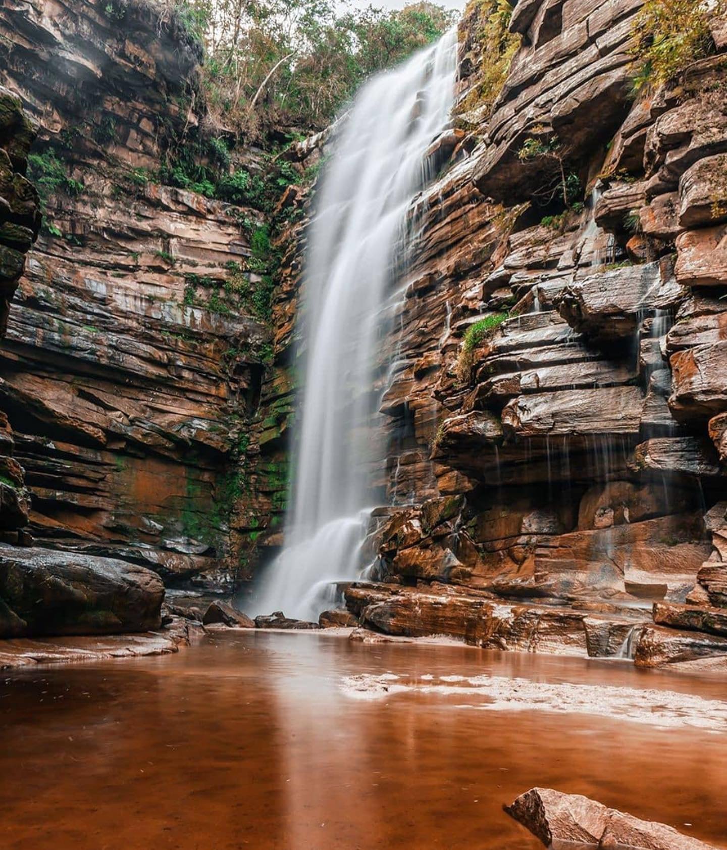 A tall waterfall cascades over layered sandstone cliffs into a tannin-rich rust-coloured pool on a Chapada Diamantina trip