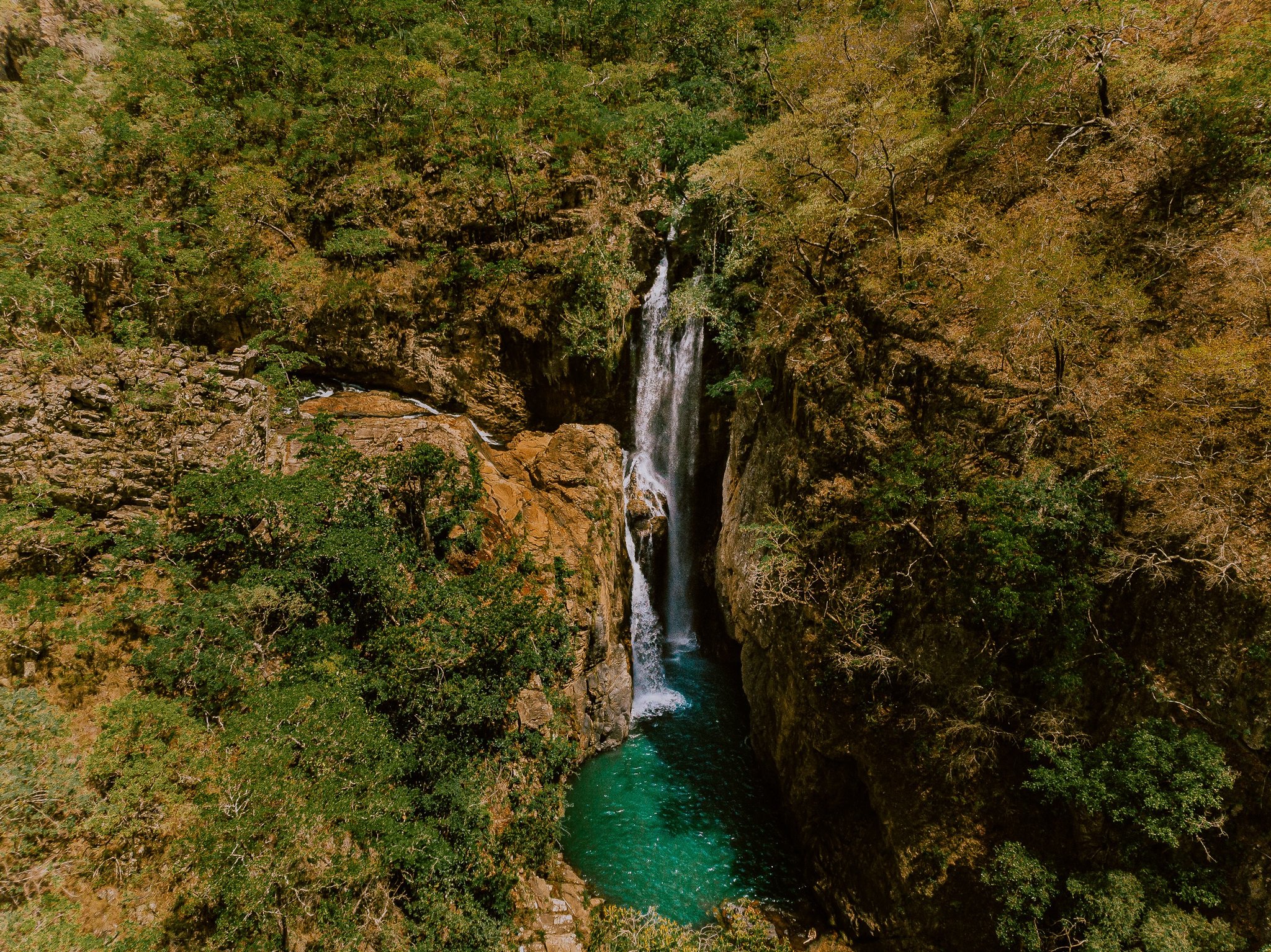Vista aérea de uma cachoeira alta despencando em uma piscina natural turquesa cercada pela vegetação do Cerrado na Chapada dos Veadeiros