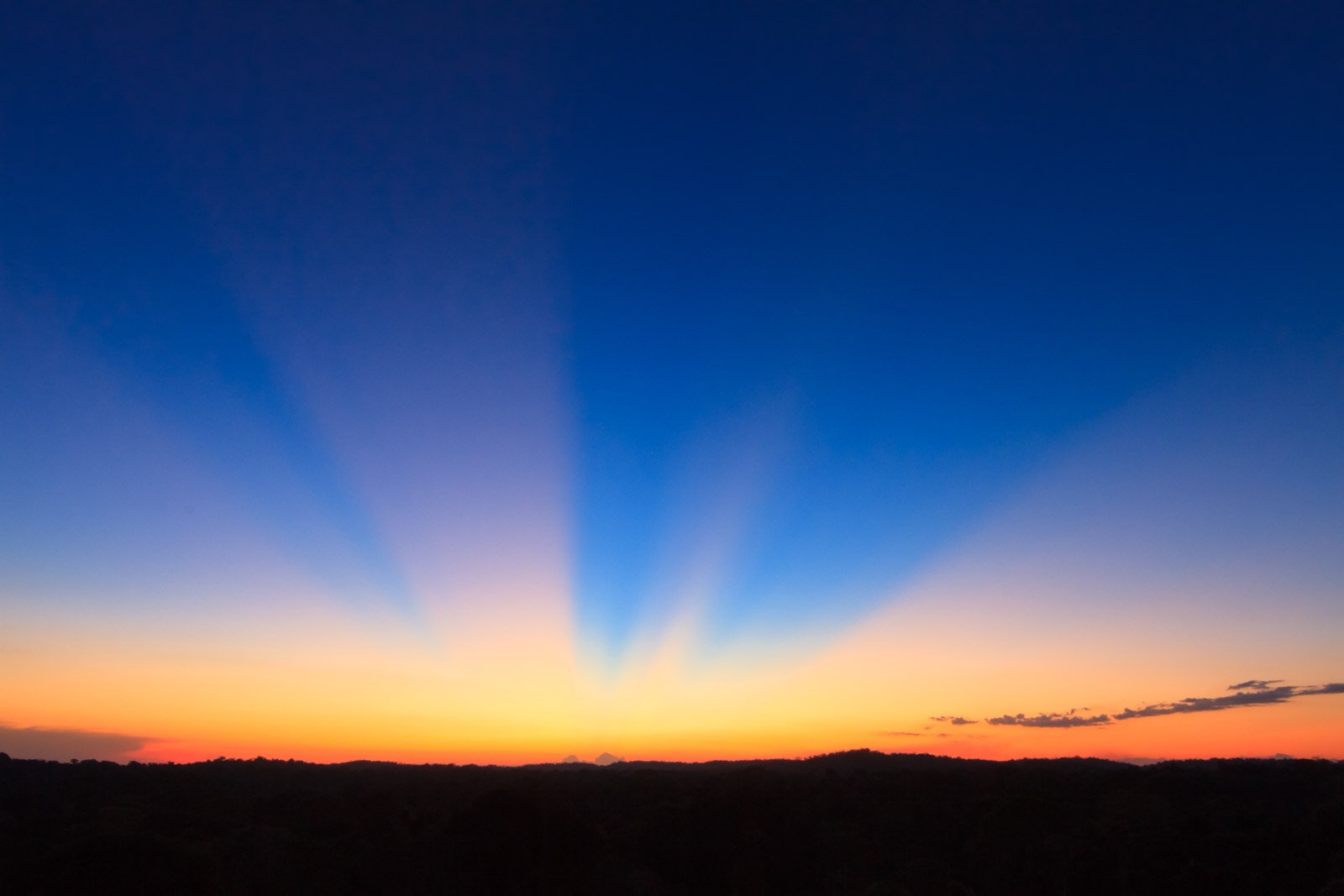 The sky puts on a show, and the forest just watches. Dramatic crepuscular rays fan out across a deep blue sky above a dark forest silhouette at sunset, as seen from Cristalino Jungle Lodge