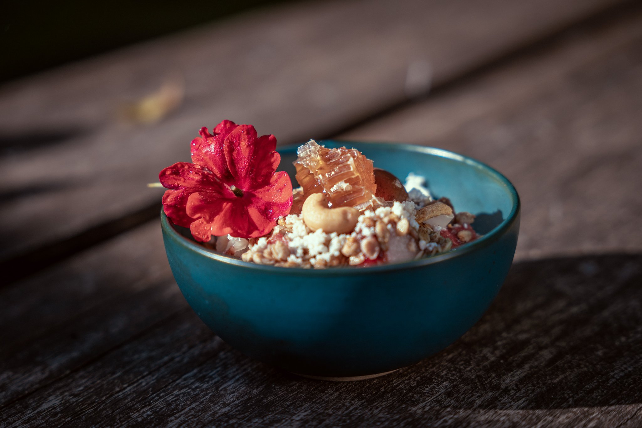 Honeycomb, cashews, and a crimson bloom — breakfast as beautiful as the forest around it. A teal ceramic bowl at Cristalino Jungle Lodge filled with granola, nuts, honeycomb, and fresh fruit, garnished with a vivid red edible flower, served on a weathered wooden surface