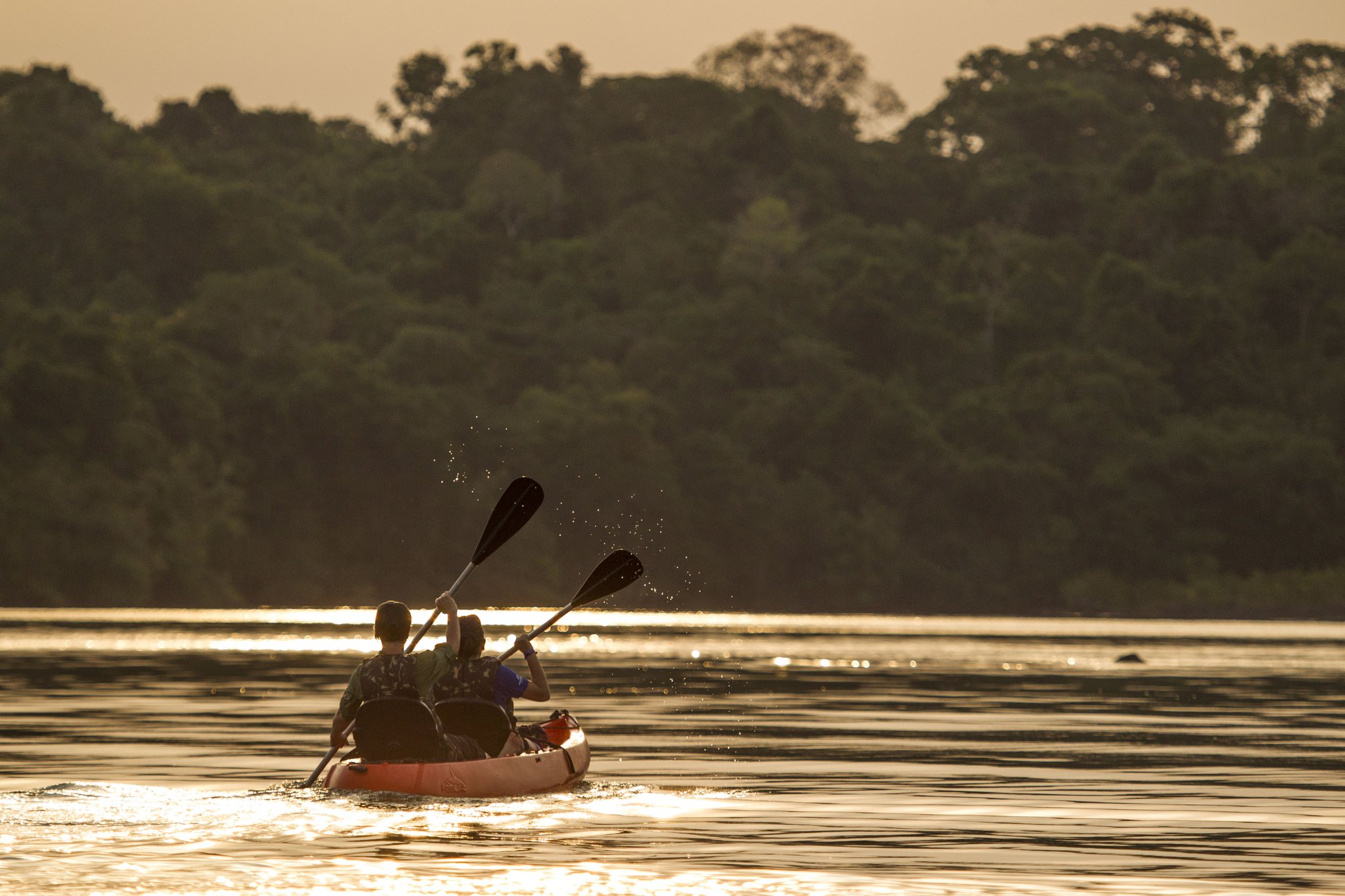 Golden light, two paddles, one river — the Amazon at its most serene. Photo: JOAO MARCOS ROSA / NITRO Two paddlers in a tandem kayak glide across a glassy river at golden hour, with dense rainforest canopy reflected on the water at Cristalino Jungle Lodge