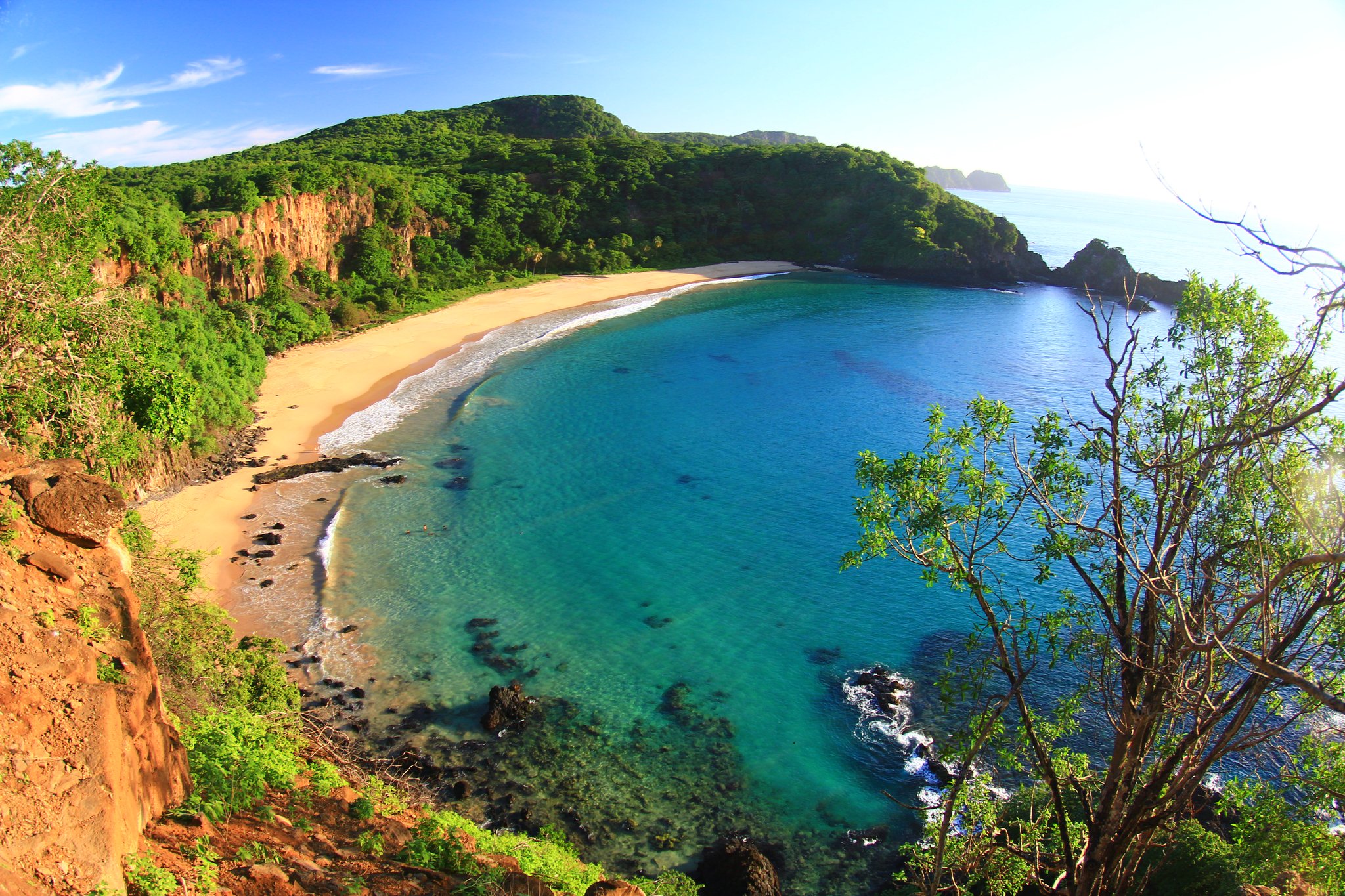 Aerial view of a secluded crescent bay in Fernando de Noronha, with turquoise water, golden sand, red volcanic cliffs, and dense green forest — ideal for fernando de noronha diving packages