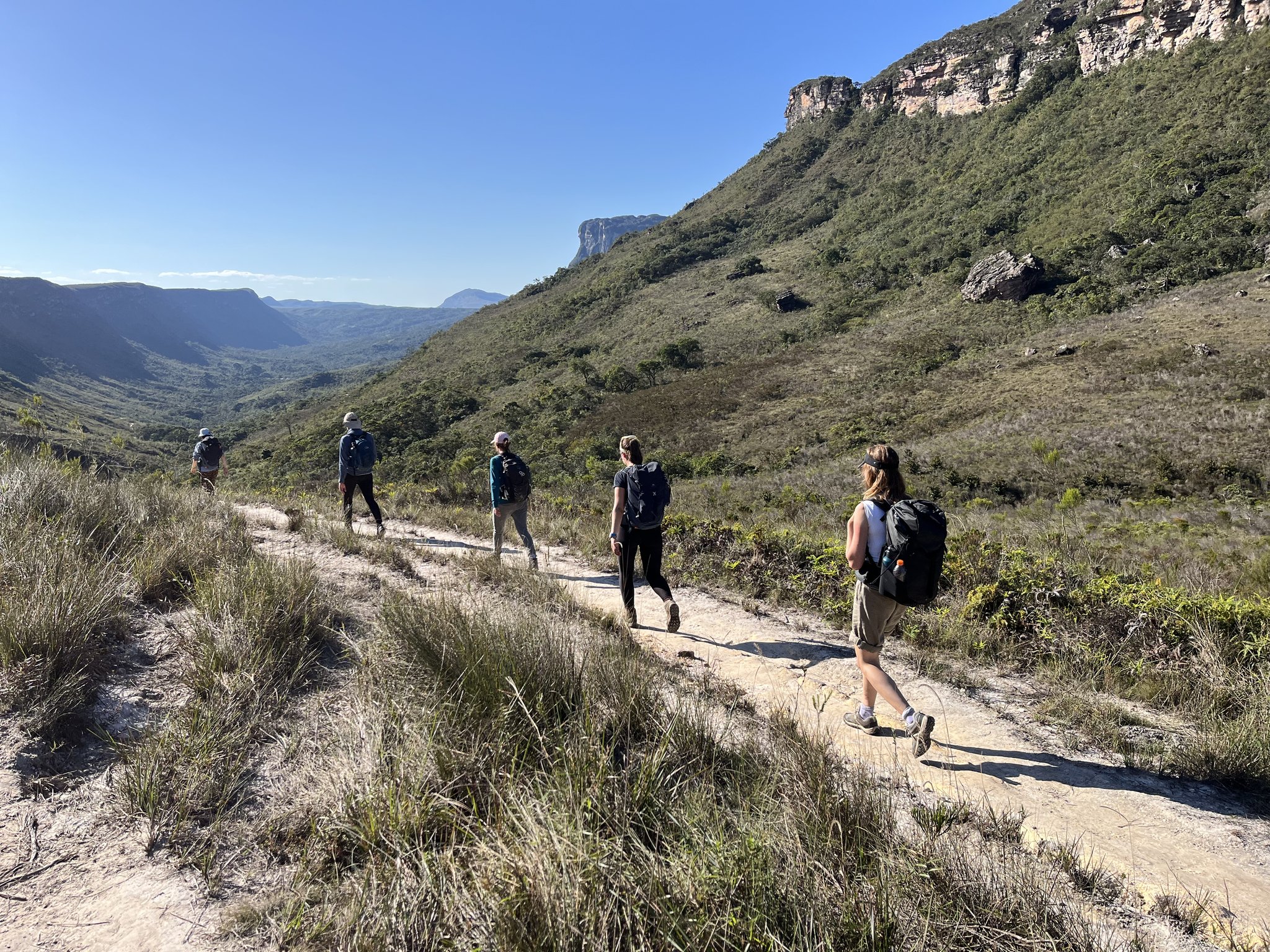 A group of five hikers with backpacks walking single file along a sandy hiking trail in Brazil, with green cerrado scrubland and dramatic sandstone cliffs rising under a clear blue sky in Chapada Diamantina