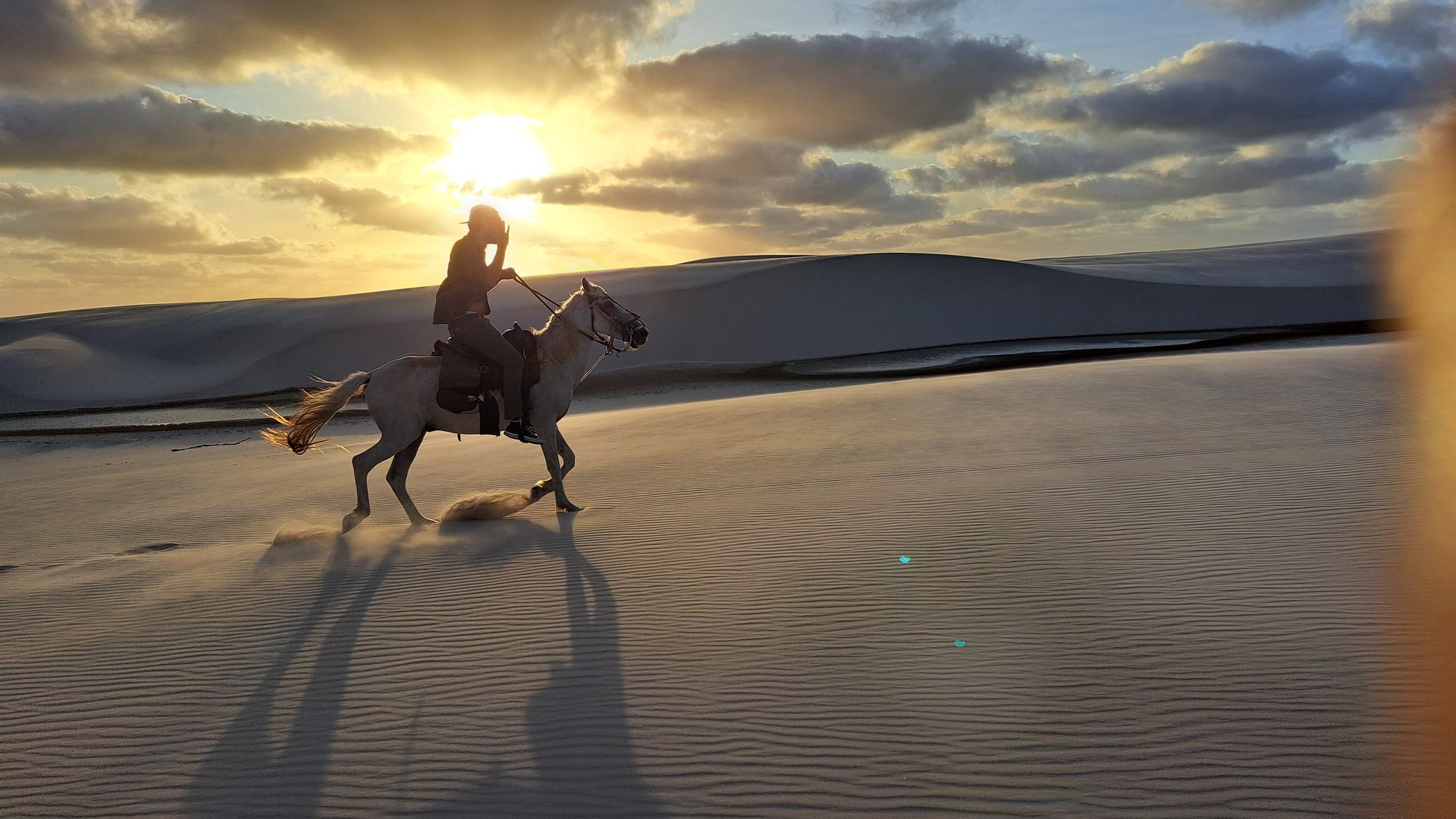 A rider on a white horse canters across rippled white sand dunes at golden sunset during a horseback riding Lençóis Maranhenses tour, long shadows stretching across the dune face with lagoons glinting in the background