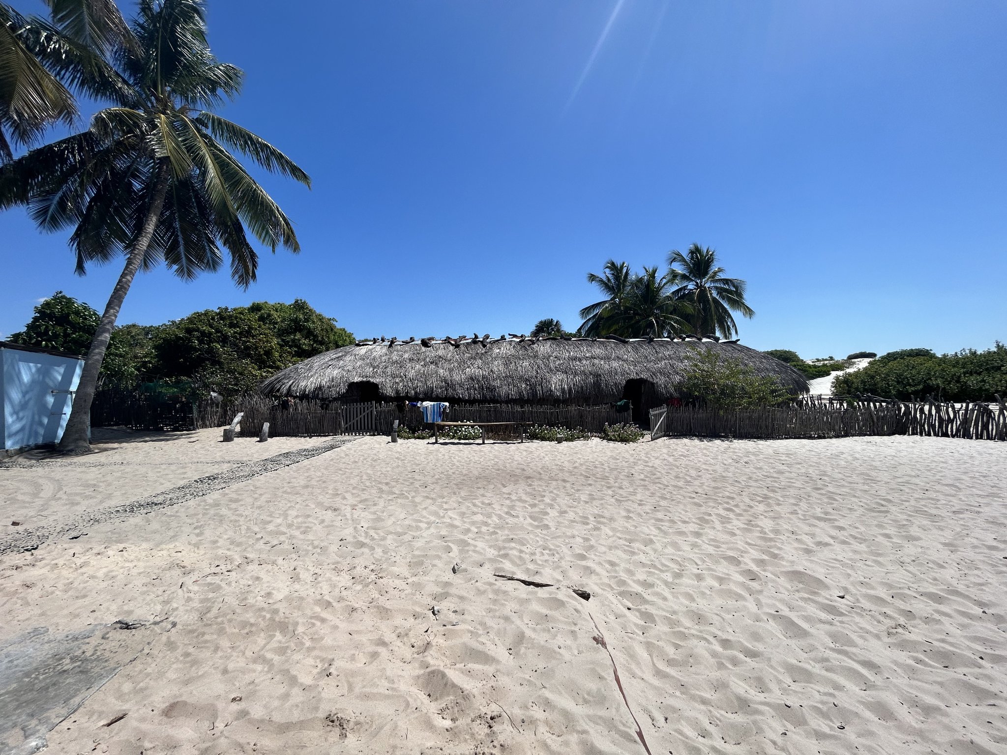 A wide thatched-roof lodge surrounded by a rustic wooden fence, coconut palms, and white sand dunes under a clear blue sky on the horseback riding Lençóis Maranhenses tour