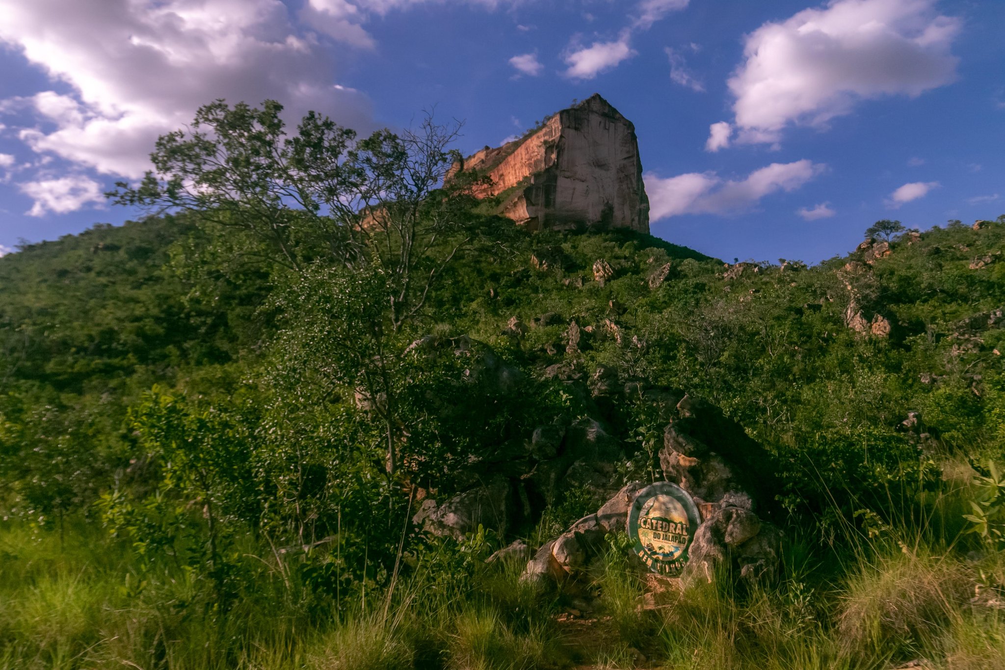 Stone giant: the Catedral do Jalapão looms over lush cerrado scrub under a dramatic sky. Photo: Alexandre Socci A massive sandstone monolith rises above dense cerrado vegetation, with a Catedral do Jalapão trail marker sign visible on a boulder in the foreground — a landmark stop on a Jalapão trekking route