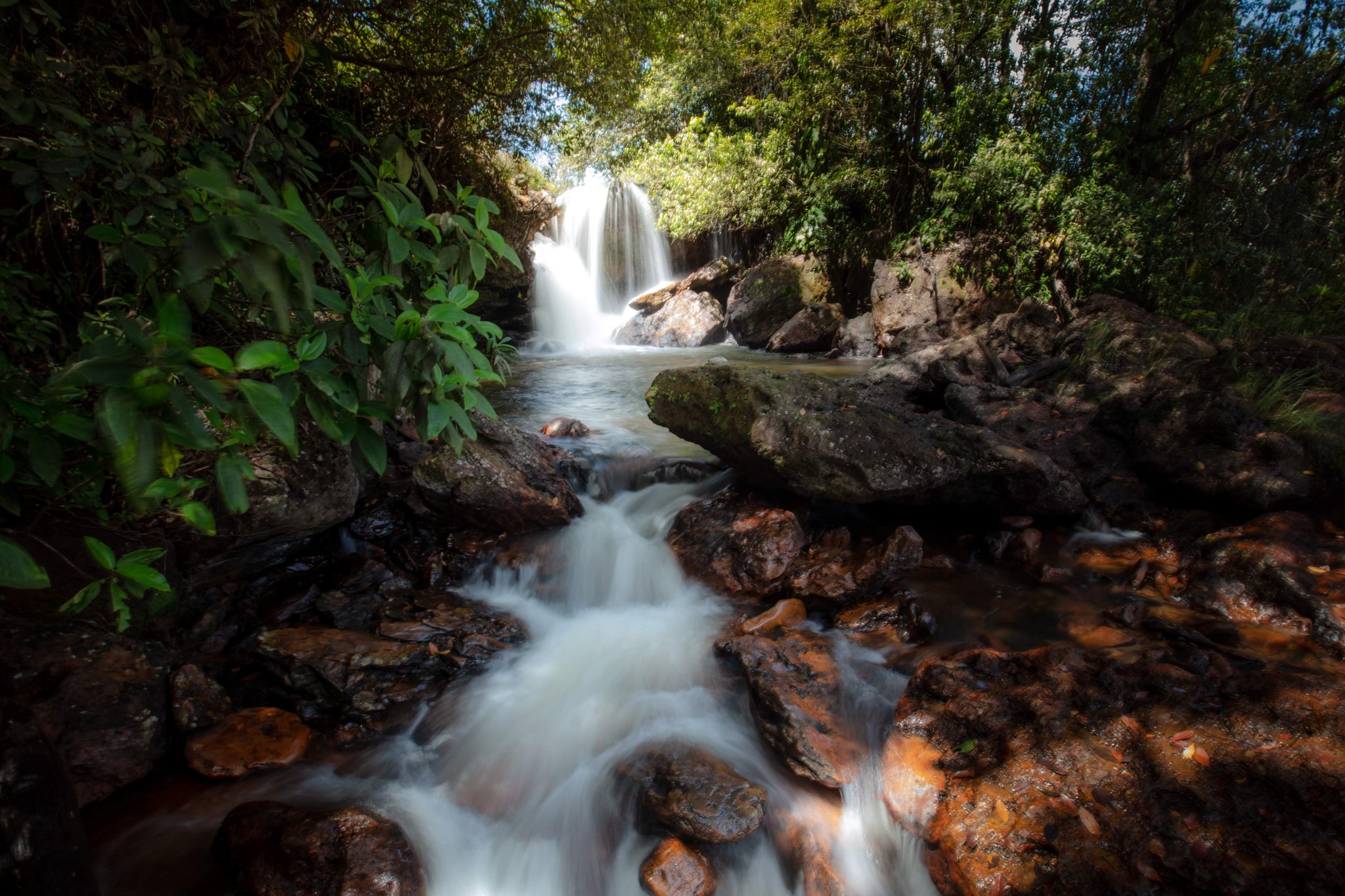 Cool water over ancient stone — the forest keeps its secrets close. Photo: Alberto Andrich A silky waterfall cascades over mossy boulders into a clear rocky stream framed by dense tropical forest canopy, encountered on a Jalapão trekking route