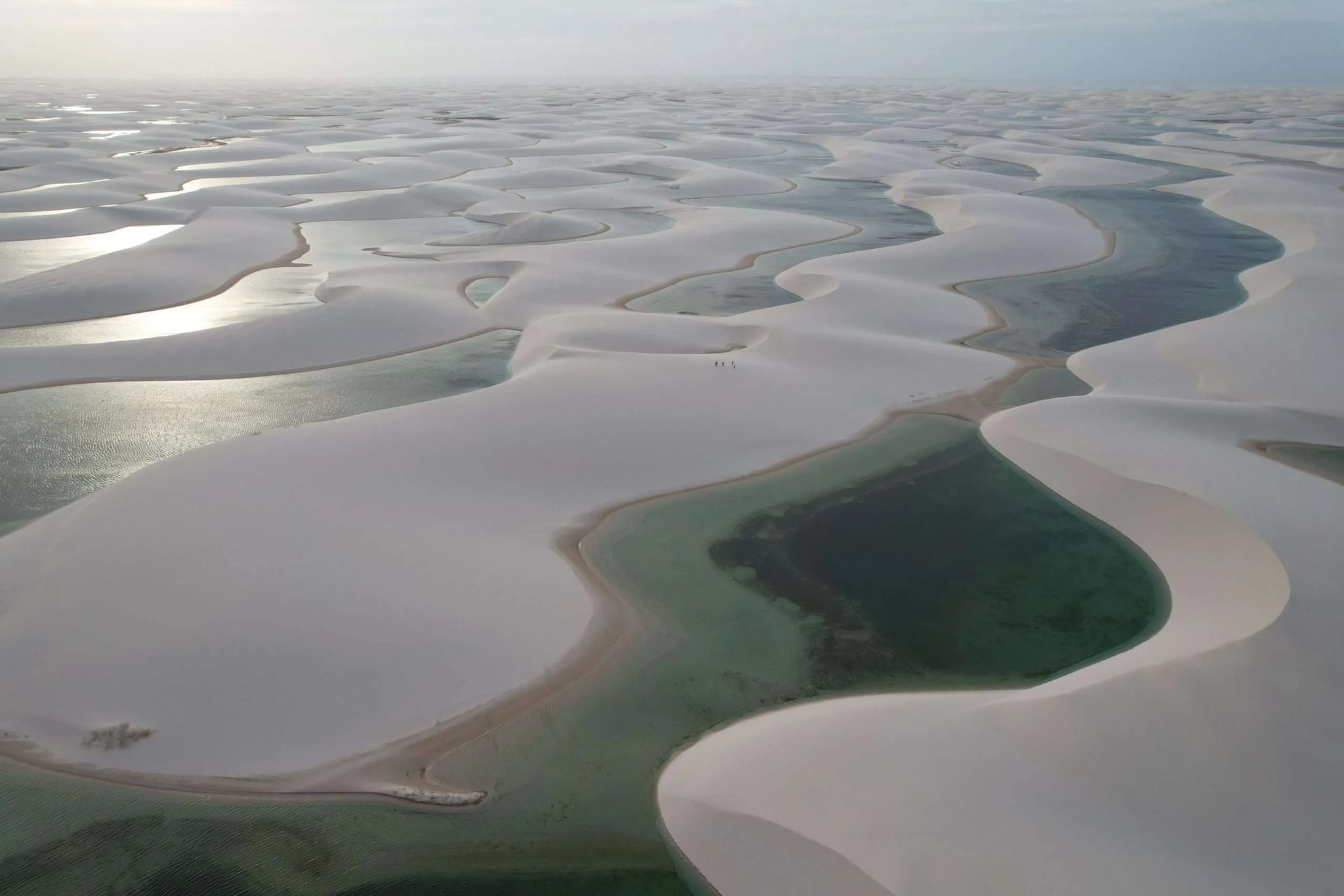 Endless white dunes, hundreds of lagoons — scale that no photograph fully prepares you for. Aerial view of the Lençóis Maranhenses trip landscape, showing endless white sand dunes interspersed with dark-green and turquoise freshwater lagoons stretching to the horizon, with tiny human figures visible in the middle distance