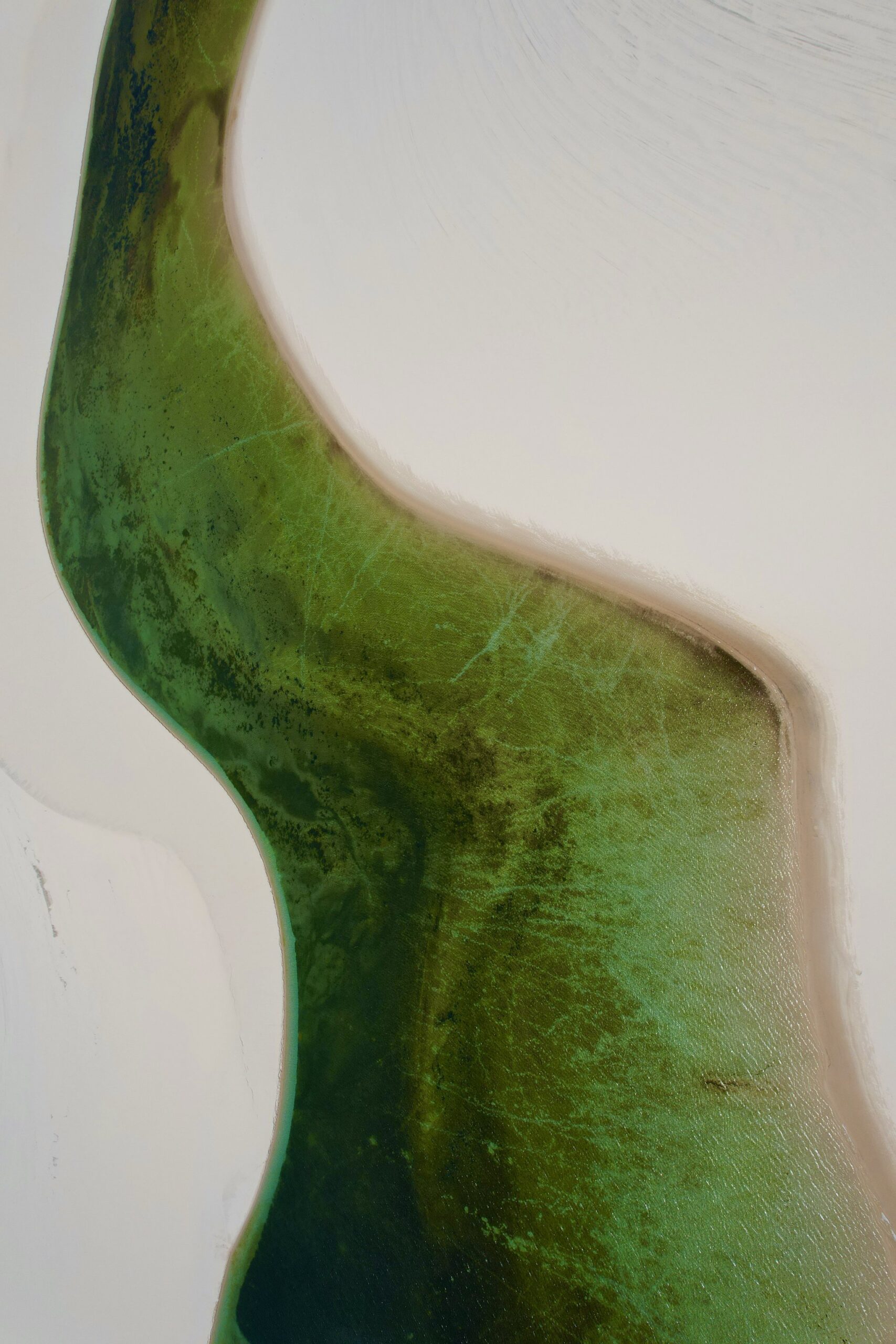Glass shaped like water — fluid, green, alive. Photo: Andre Luis Michelon Close-up of a sinuous green translucent glass sculpture with organic curves against a white wall, displayed at a Lençóis Maranhenses trip venue