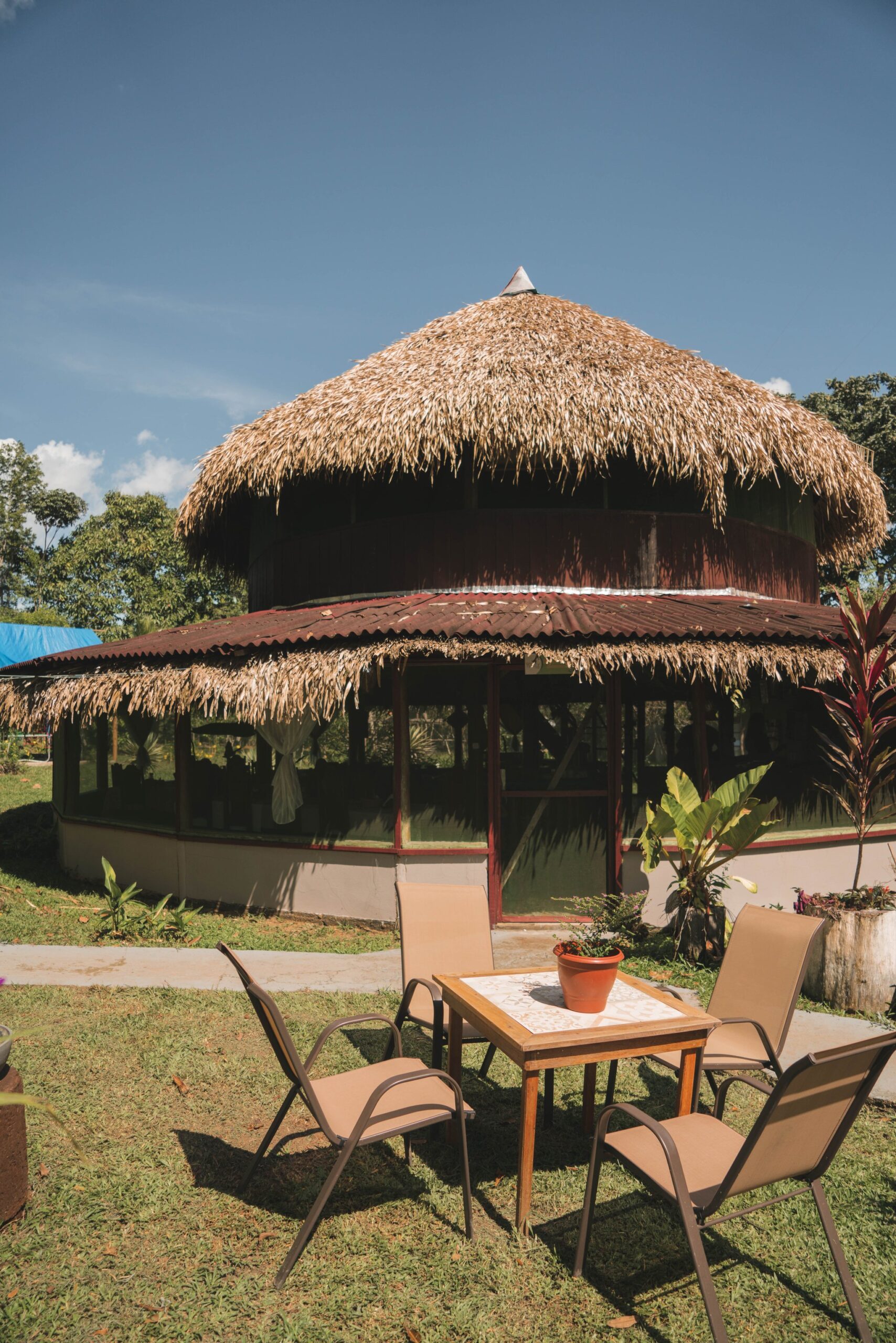Thatched walls, open air, a pot of flowers on the table — base camp sorted. Photo: Yuri Panichi A round two-storey lodge building with a thick thatched palm roof, surrounded by tropical greenery, with a small outdoor table and four chairs on the lawn during a manaus jungle tour