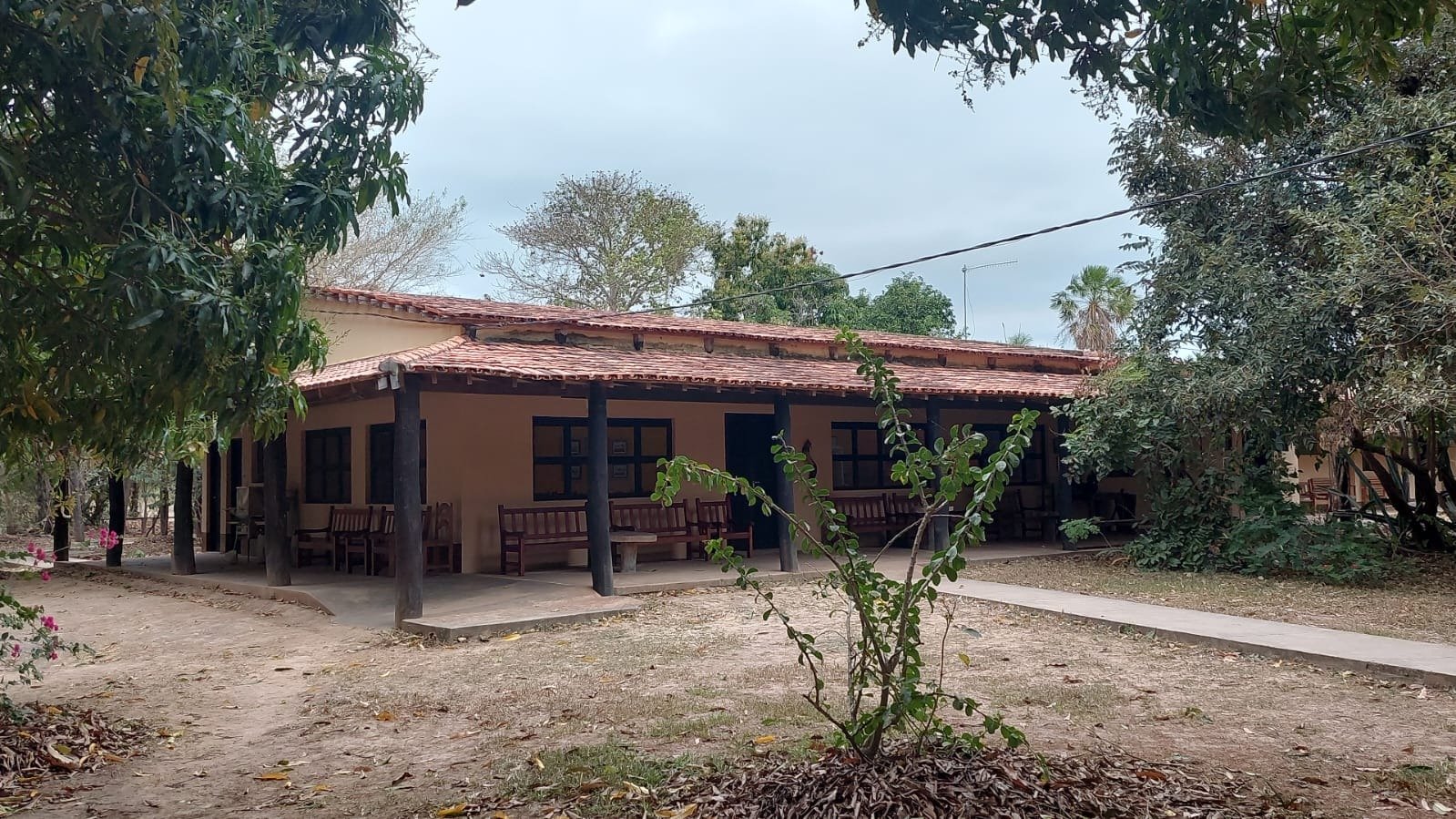 Shaded veranda, wooden benches, and birdsong — your basecamp between safaris. A low-slung adobe lodge with a terracotta-tile roof and a shaded veranda lined with wooden benches, set among mature trees on a pantanal jaguar budget safari