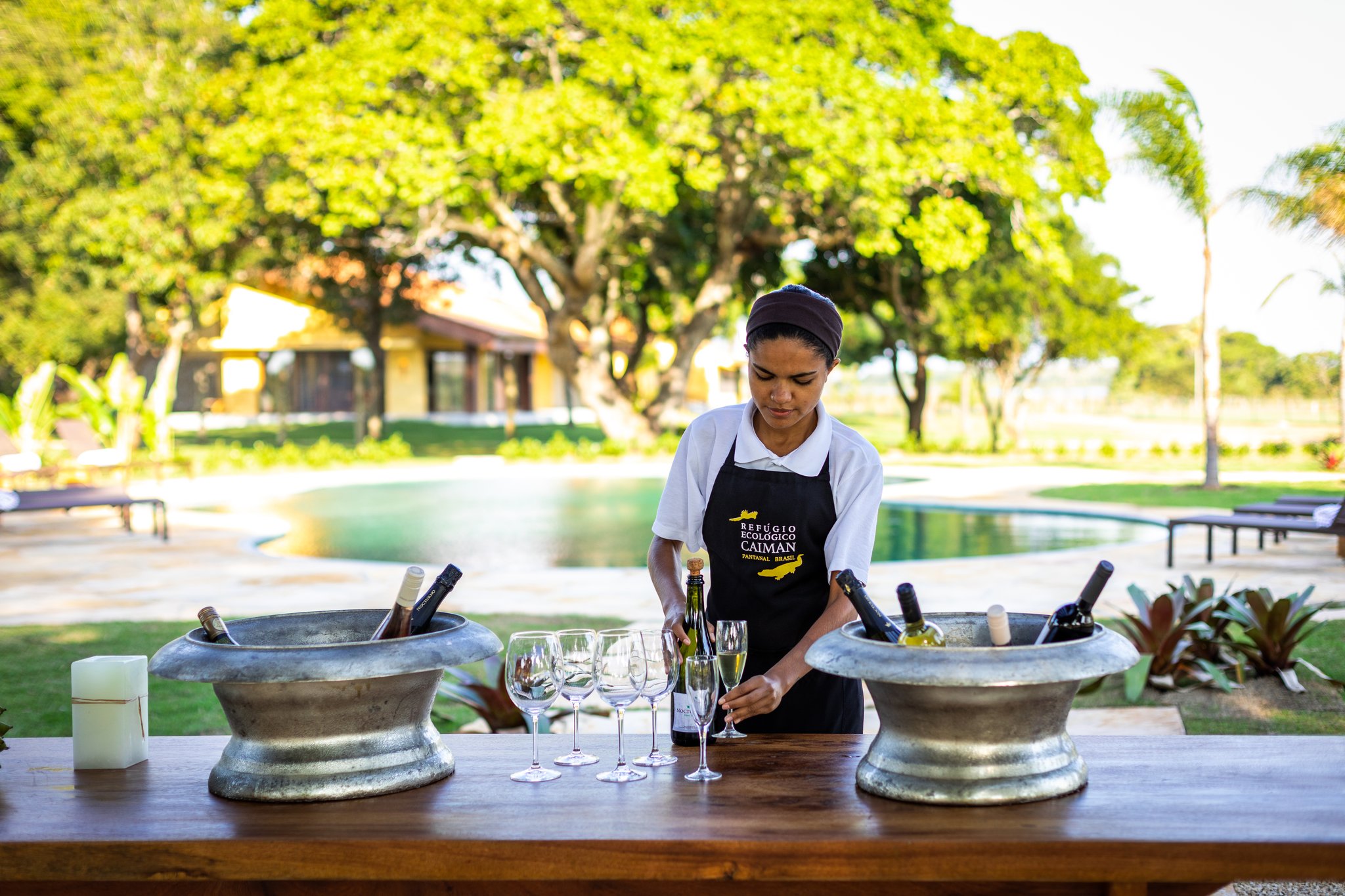 Sparkling wine, silver ice buckets, and a warm welcome waiting at the bar. A Caiman Ecological Refuge staff member in a branded apron arranging sparkling wine glasses and chilled bottles in metal ice buckets on a wooden bar, with a swimming pool and lush grounds visible behind her — part of the pantanal luxury safari experience