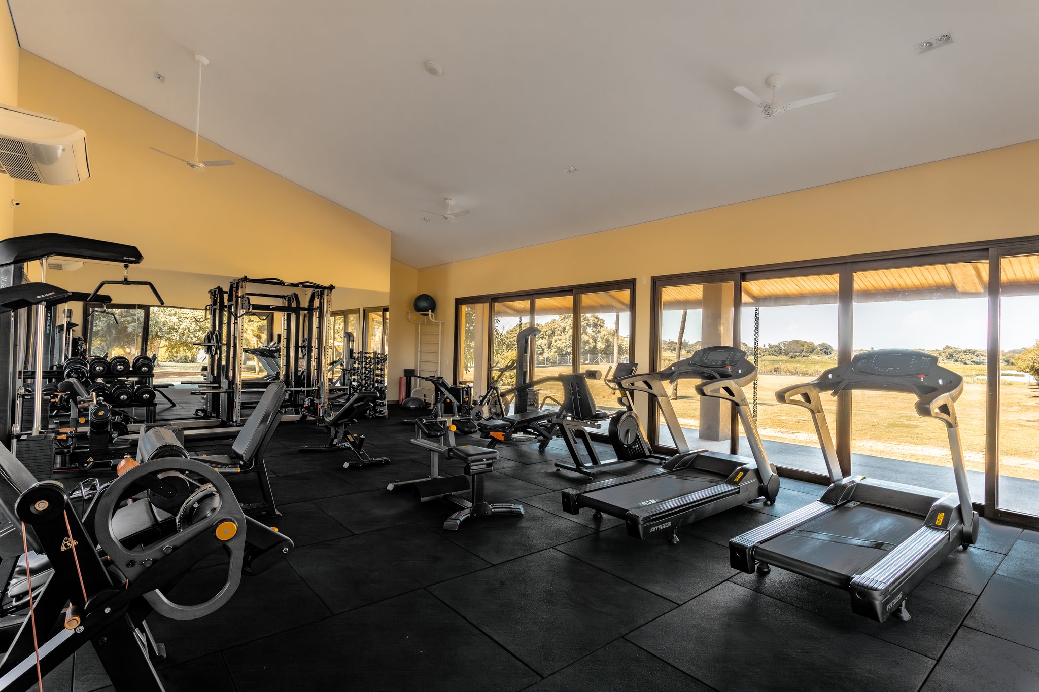 Keep up your routine — floor-to-ceiling glass frames the wild outside. Fully equipped fitness center at a pantanal luxury safari lodge, with treadmills, weight machines, and floor-to-ceiling windows overlooking an open savanna landscape