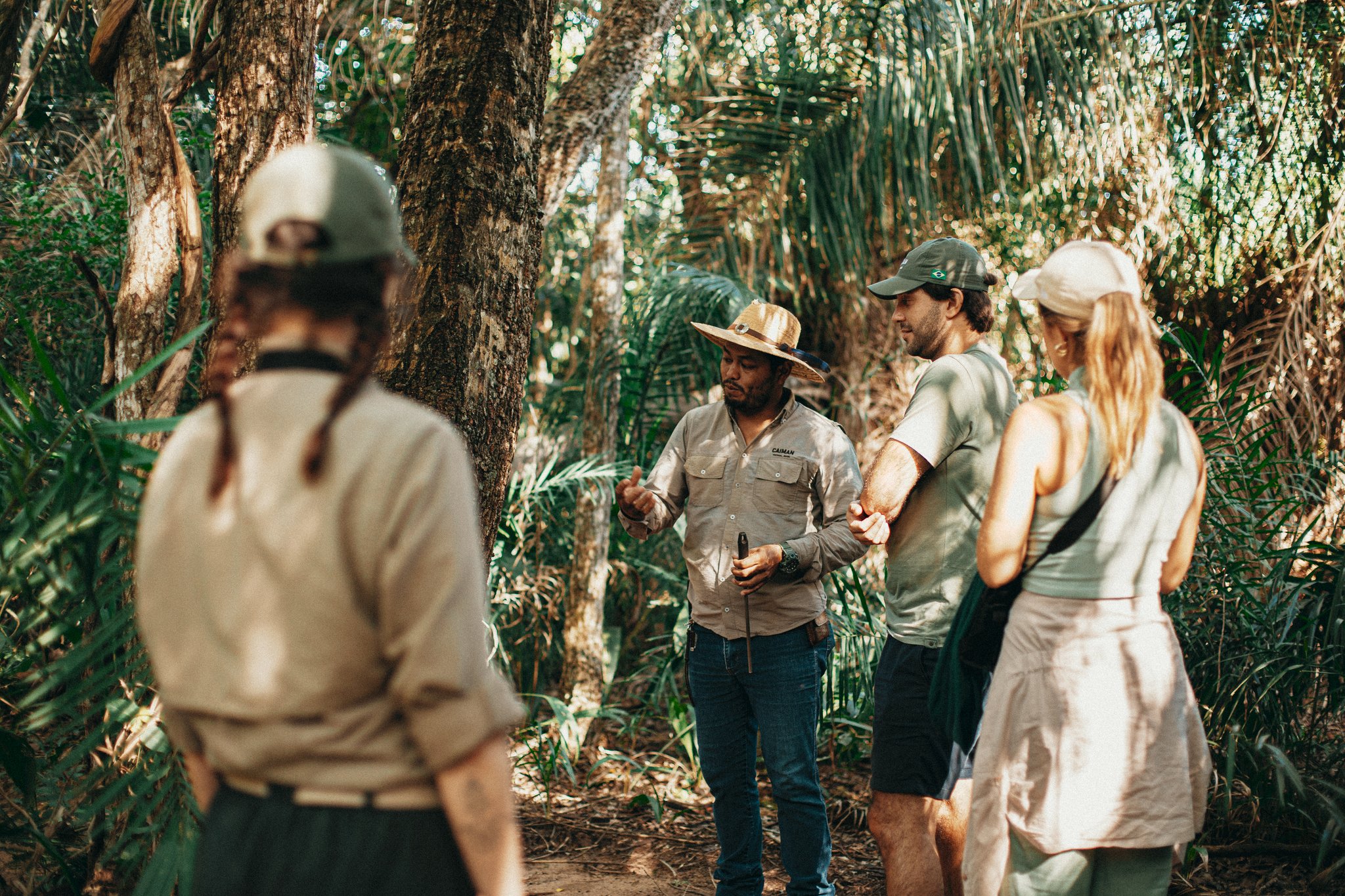 A Caiman guide in a wide-brimmed hat leading a small group of guests along a shaded trail through dense palm forest during a pantanal luxury safari