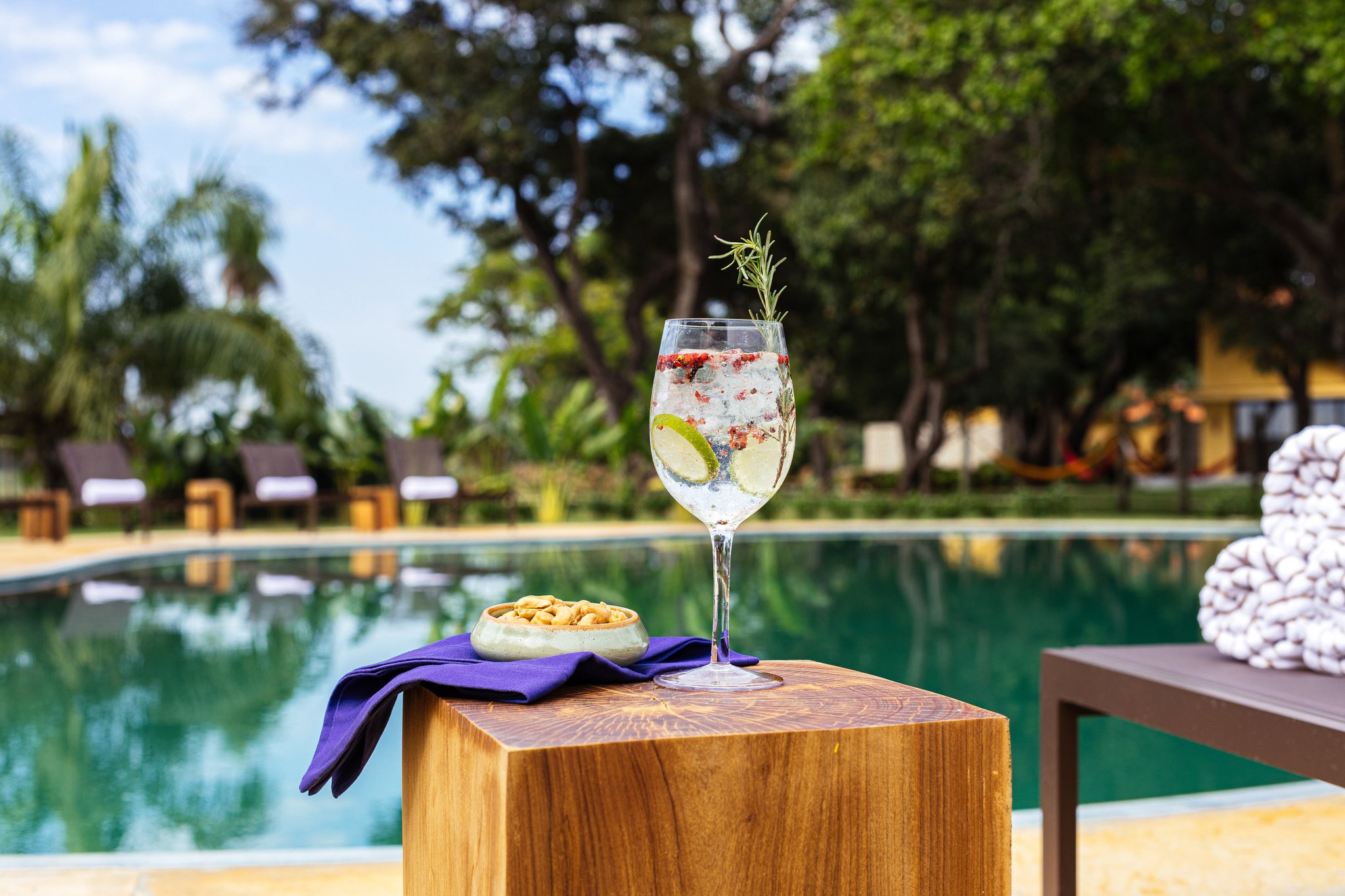 Ice-cold, herb-garnished, earned — afternoon drinks by the lodge pool. A garnished gin and tonic with lime, rosemary, and pink peppercorns on a wooden side table beside a lodge pool, with sunloungers and lush trees reflected in the water — the perfect afternoon pause on a pantanal luxury safari