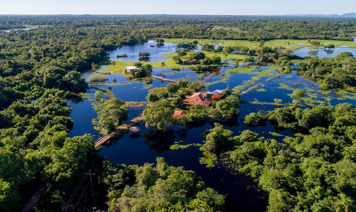 Luchtfoto van een afgelegen ecolodge omringd door overstroomde wetlands en dicht groen bos op een Pantanal-tour vanuit Campo Grande, met waterlelies op de donkere kanaaltjes en roodgedekte gebouwen verbonden door houten loopbruggen