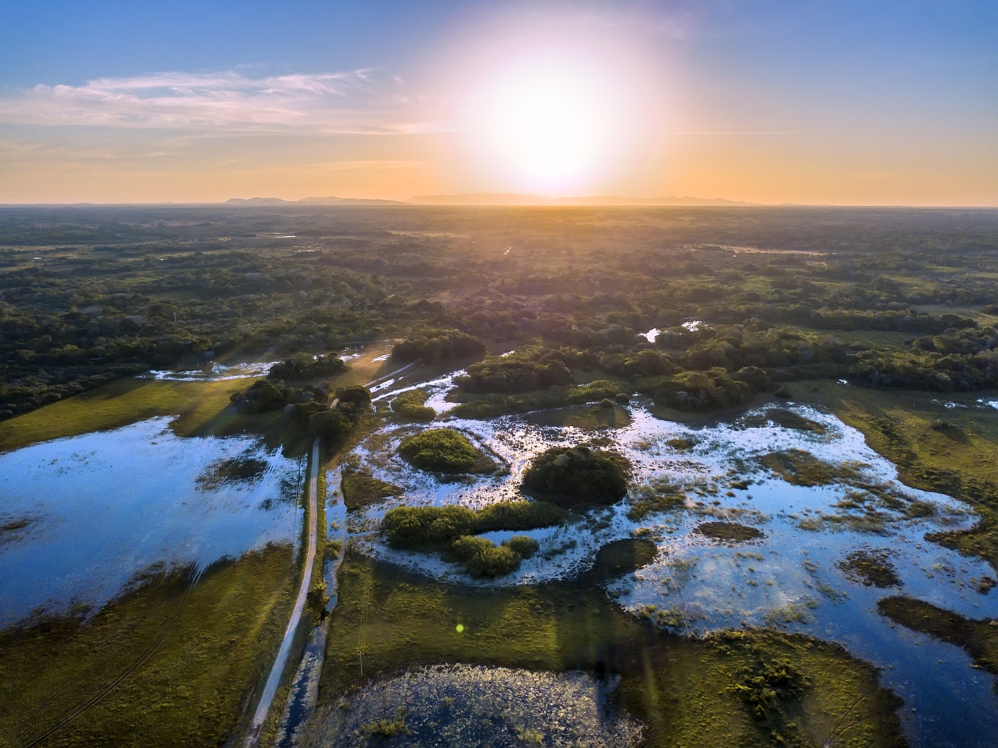 Vista aérea do Pantanal ao pôr do sol dourado, revelando extensas planícies alagadas, ilhas de vegetação verde e uma estrada de terra cortando a paisagem inundada