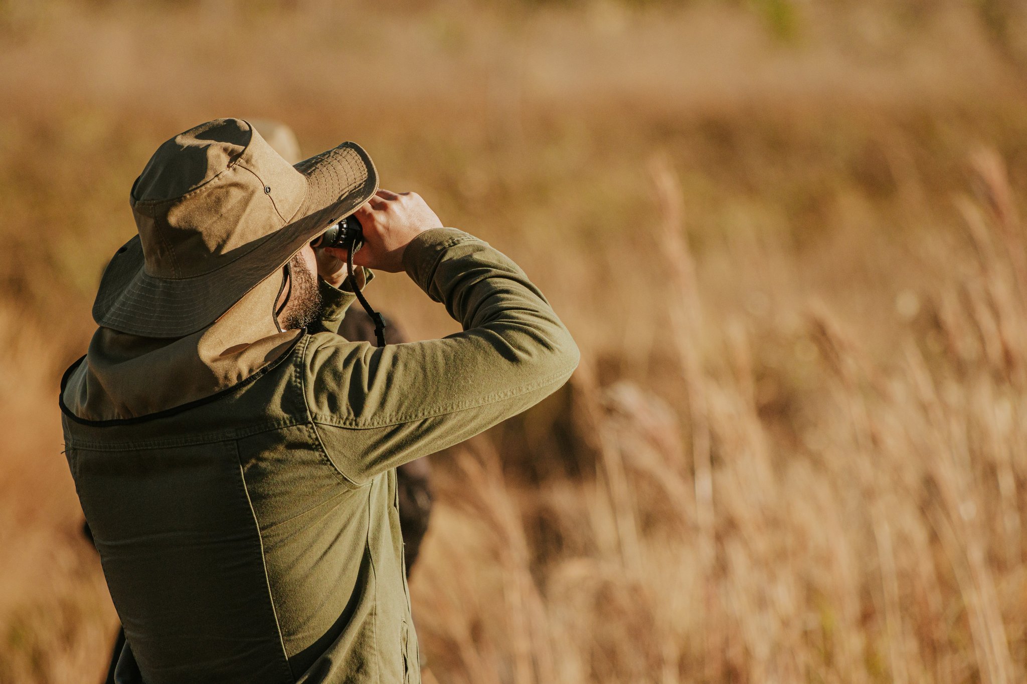 Eyes on the horizon — over 270 bird species await in the Cerrado savanna. Photo: Albori Ribeiro A bearded traveller in a wide-brim hat raises binoculars to scan golden Cerrado grassland during a birdwatching excursion at Pousada Trijunção