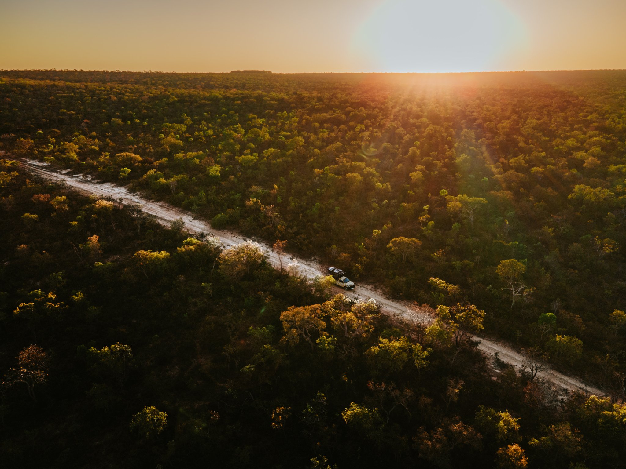 Golden hour over the Cerrado — the road ahead holds wild promises. Aerial view of two 4x4 vehicles on a sandy dirt road cutting through dense Cerrado woodland at Pousada Trijunção, bathed in golden sunset light