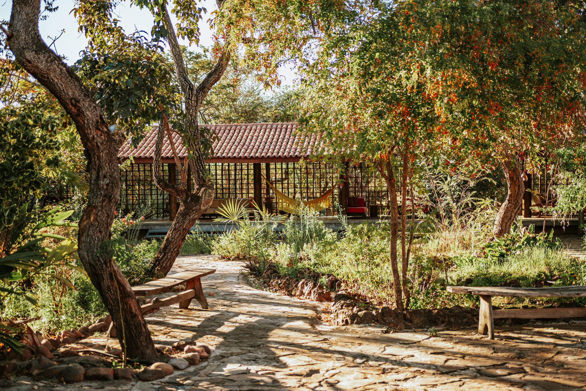 Shade, stillness and birdsong — the garden at Pousada Trijunção invites you to slow down. Photo: Albori Ribeiro Sun-dappled stone pathway at Pousada Trijunção leading through a lush garden of native Cerrado trees toward an open-air pavilion with a hammock and terracotta-tiled roof