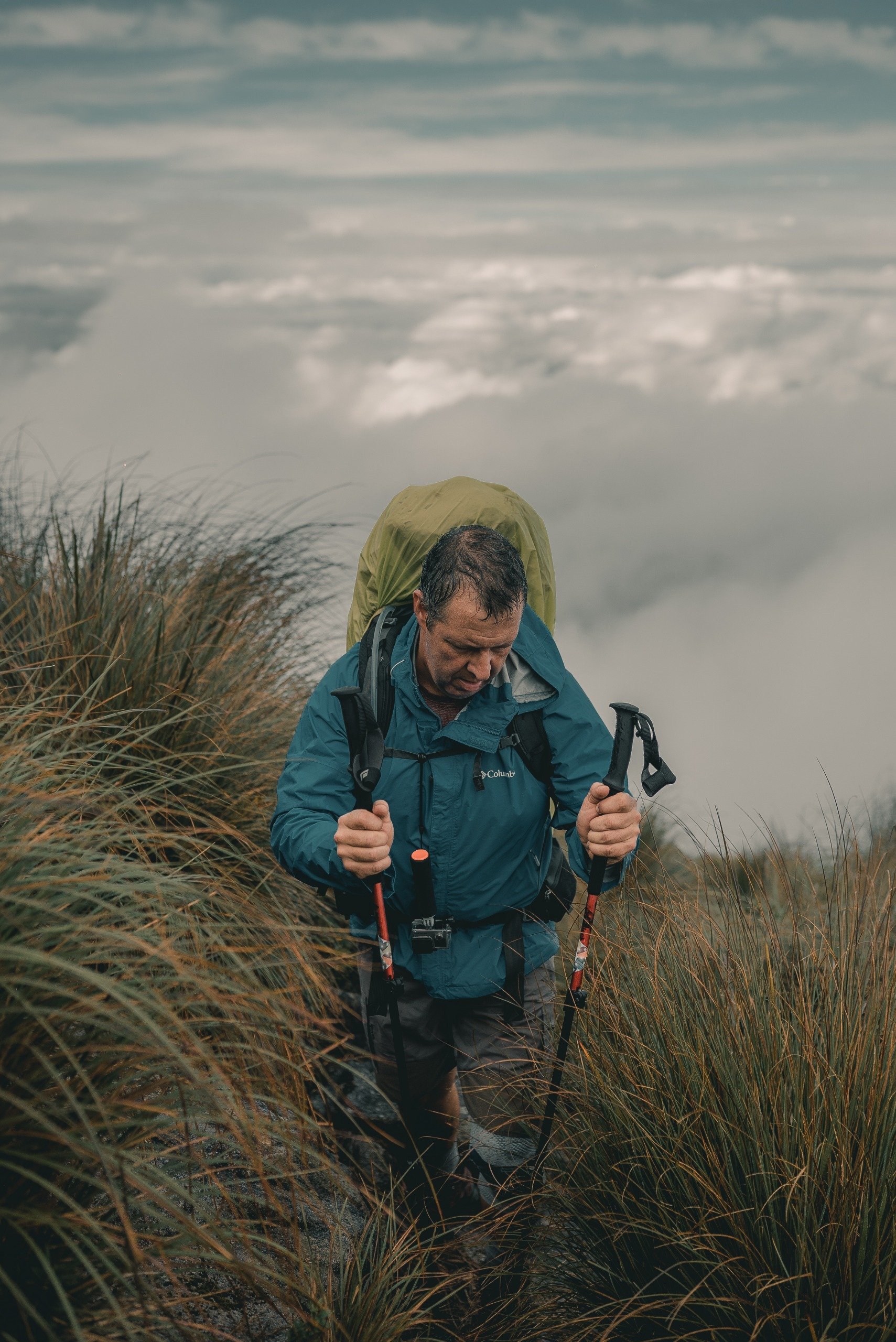 Above the clouds on the Serra da Mantiqueira — every step earned. A hiker carrying a full pack and trekking poles pushes through tall grass on a Serra Fina Trekking ridge, with a dramatic sea of clouds filling the valley far below