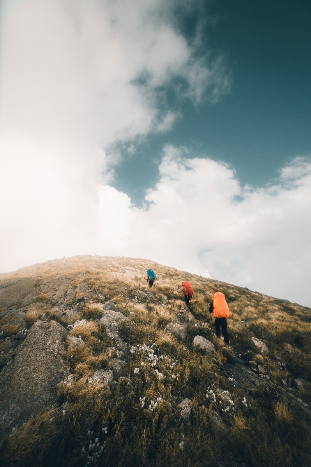 One step at a time toward Brazil's rooftop. Three hikers with colourful backpacks ascending a steep rocky ridge on the Serra Fina Trekking route in the Serra da Mantiqueira, under a dramatic sky