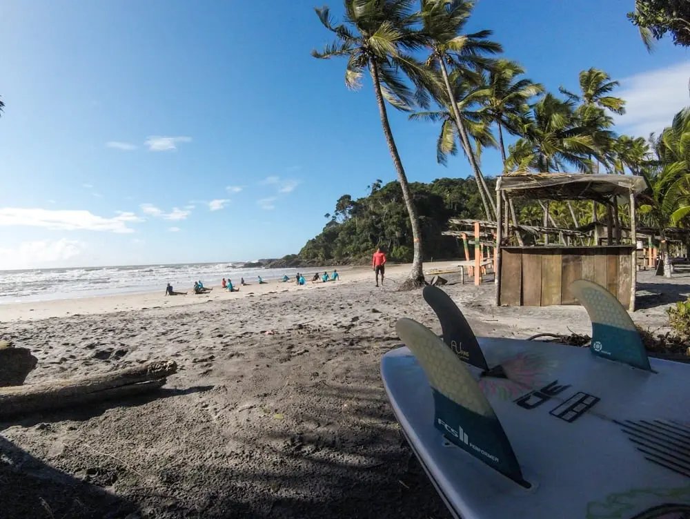 Boards ready, ocean calling — another morning of waves in Itacaré. A surfboard with FCS fins rests on the sand in the foreground while a group takes surf lessons in Itacaré on a palm-fringed Atlantic beach, with a rustic bamboo hut and lush rainforest backdrop under a clear blue sky