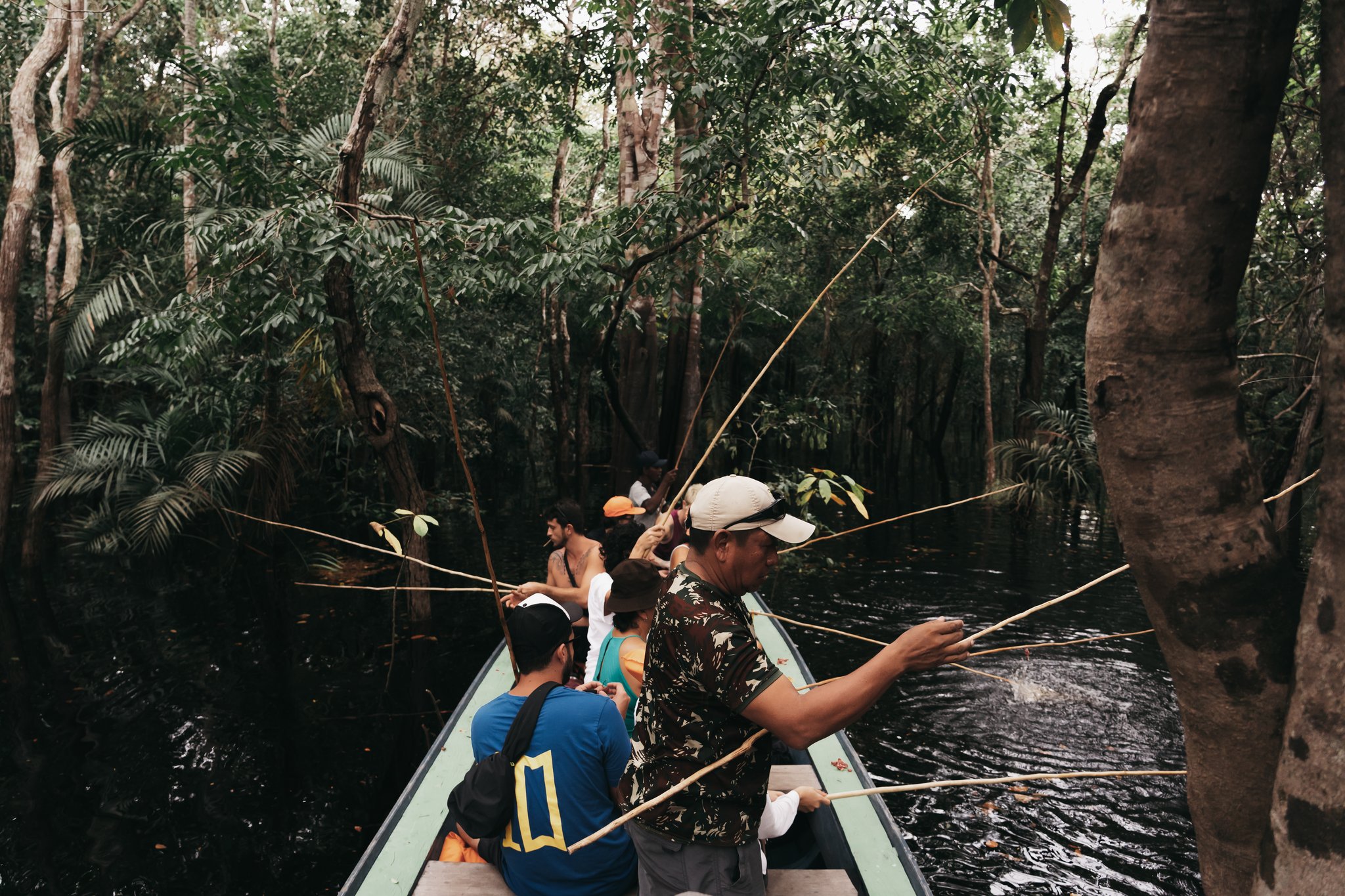 A group of travellers fishing with bamboo rods from a narrow canoe on an untamed amazon cruise, surrounded by flooded igapó forest and dark black water