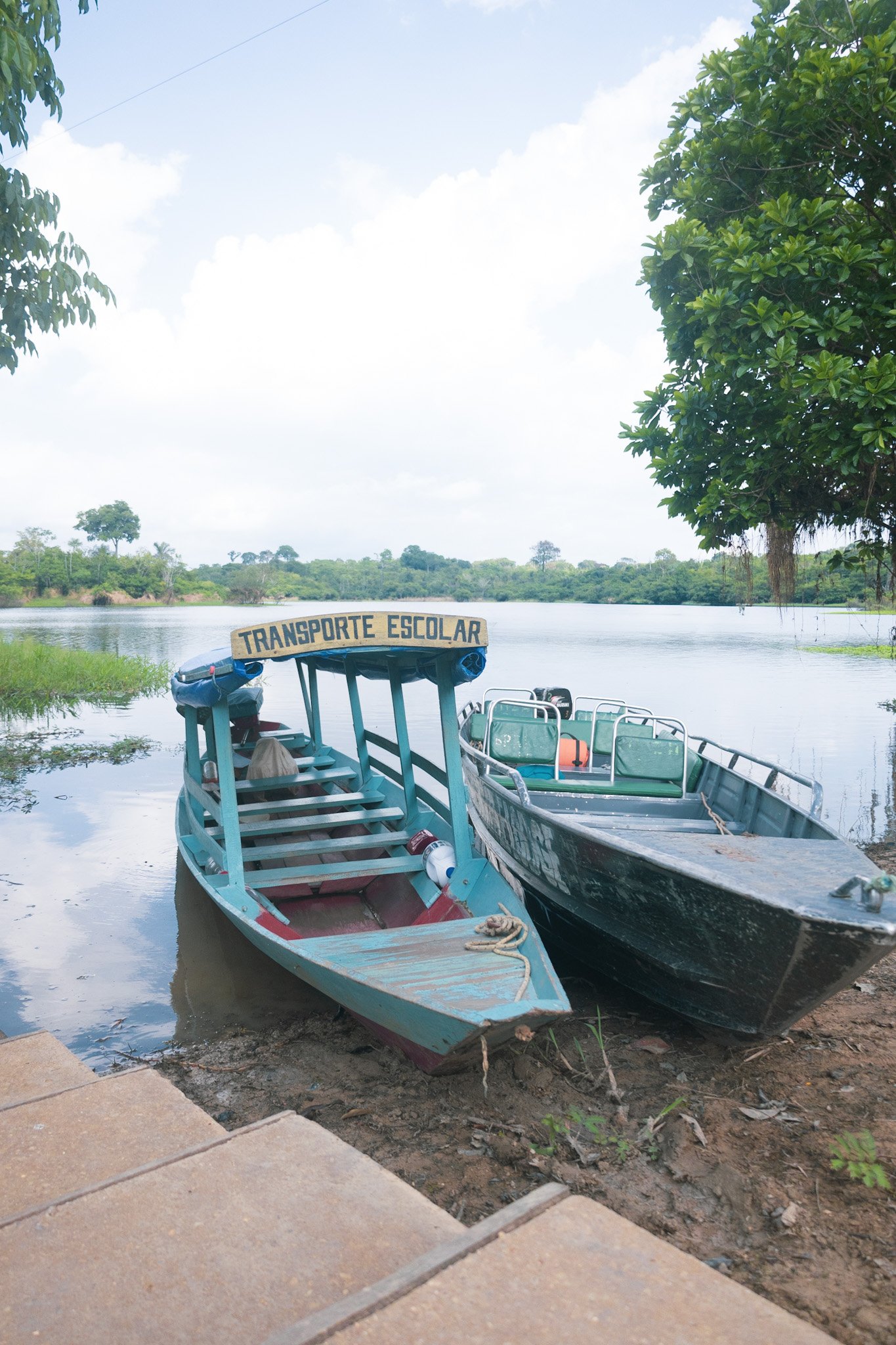 At a village landing, painted river boats wait by the water's edge. Turquoise wooden river boats moored at a riverside village landing in the Amazon