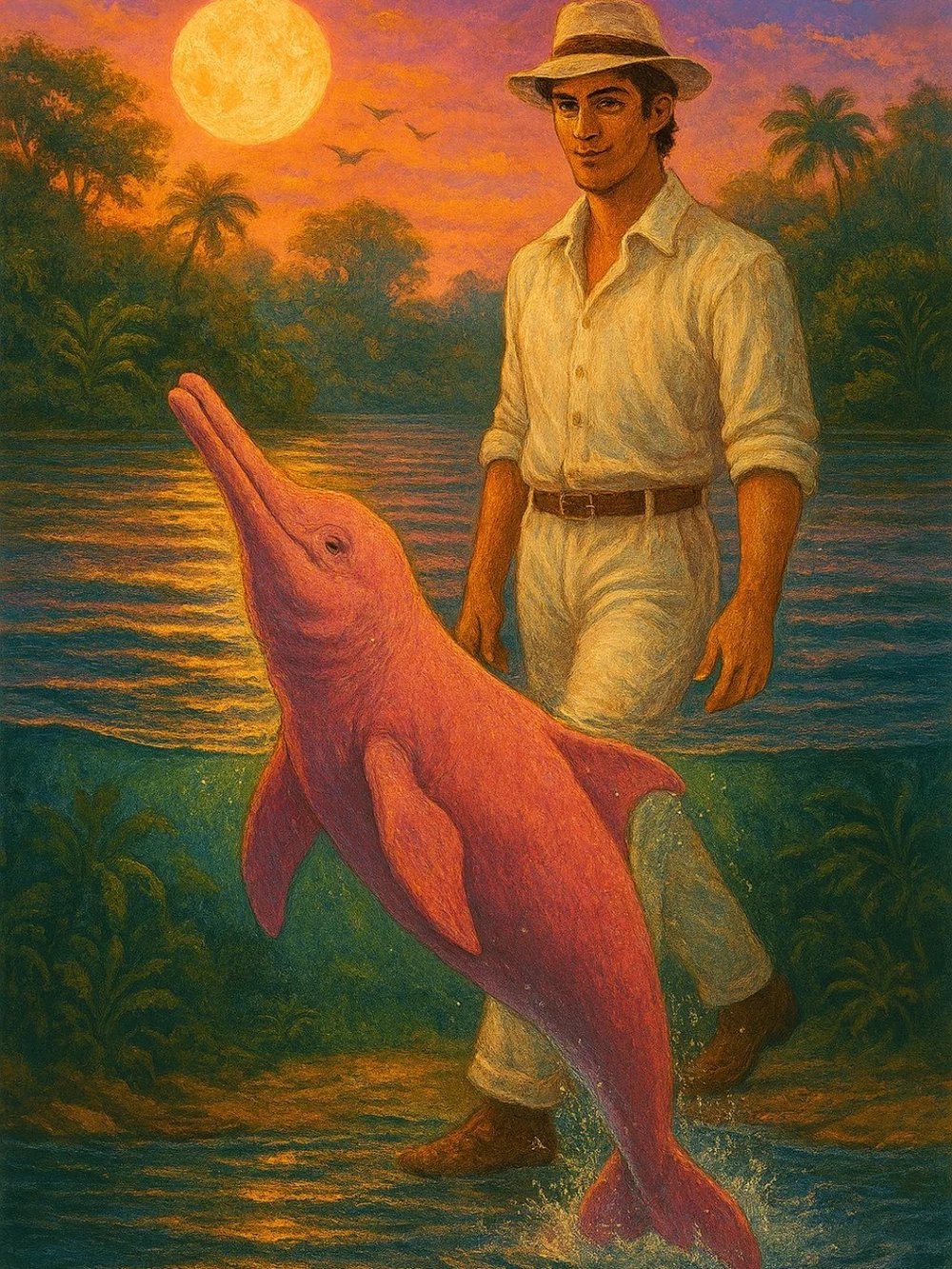 A folk-art painting of a pink river dolphin leaping beside a man in a white shirt and hat at sunset on an Amazon riverbank — the legend of the boto.