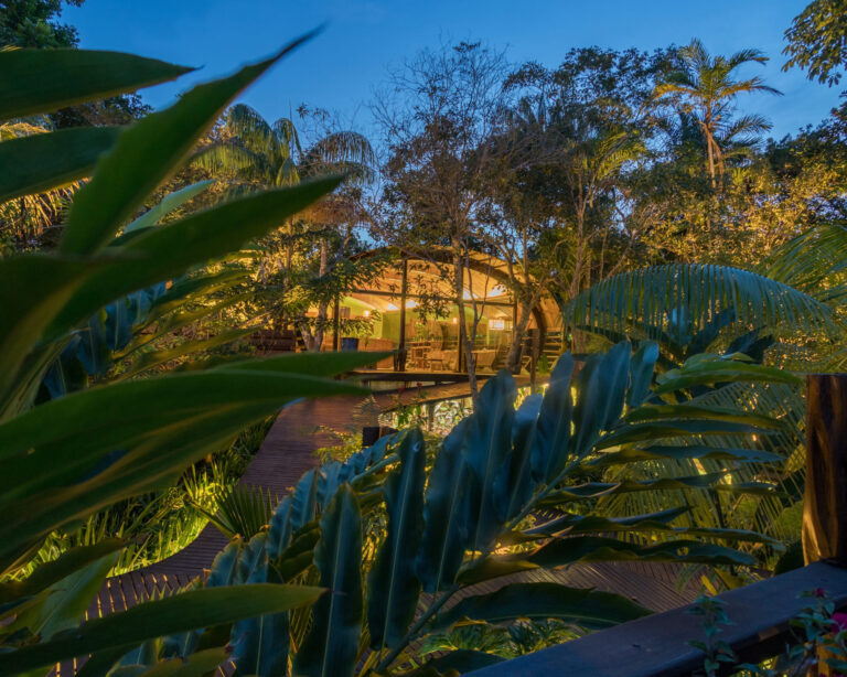 Mirante do Gavião Amazon Lodge restaurant glowing over the Rio Negro jungle at dusk Mirante do Gavião Amazon Lodge restaurant glowing over the Rio Negro jungle at dusk